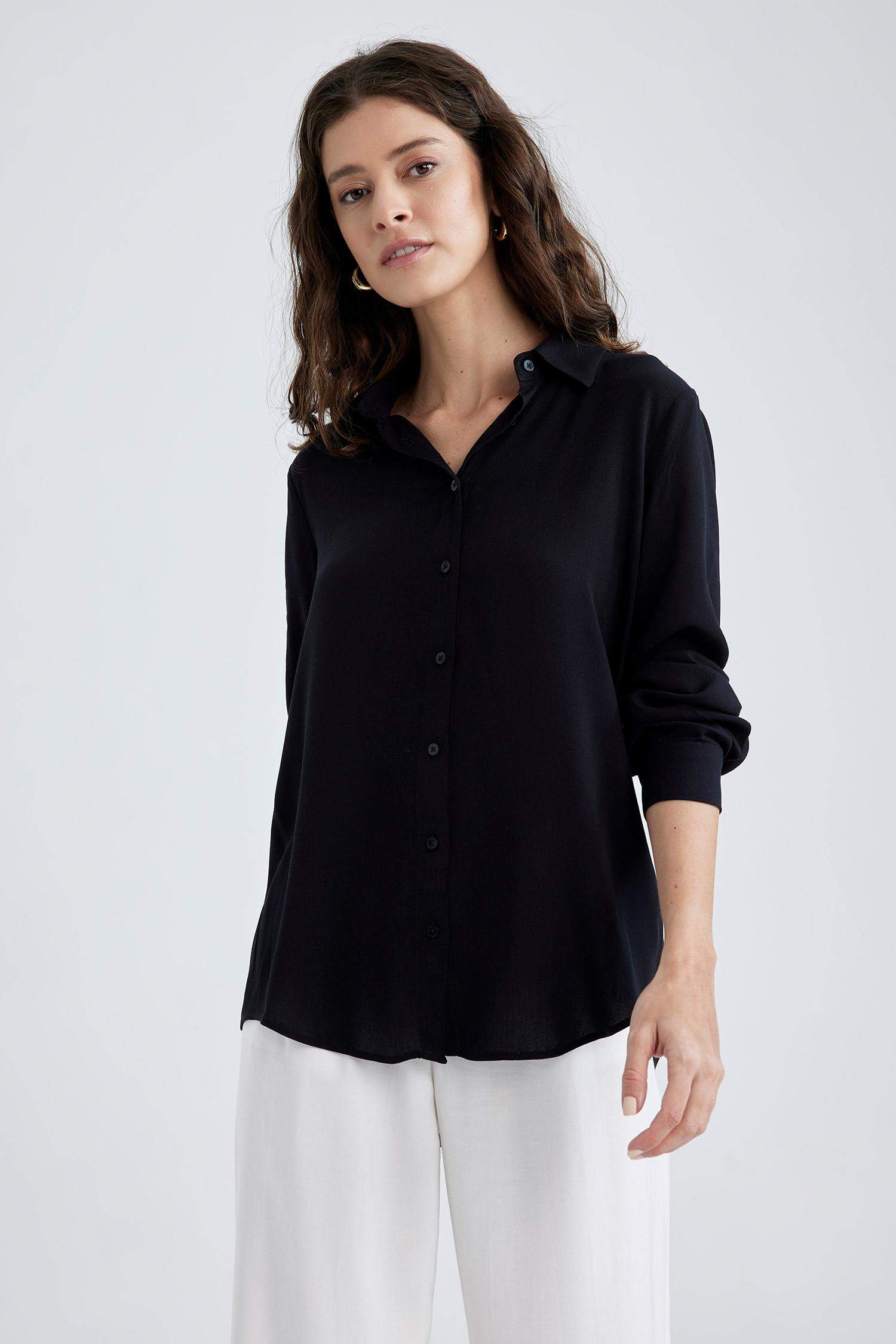 Black WOMAN Regular Fit Shirt Collar Long Sleeve Shirt 2750228 | DeFacto