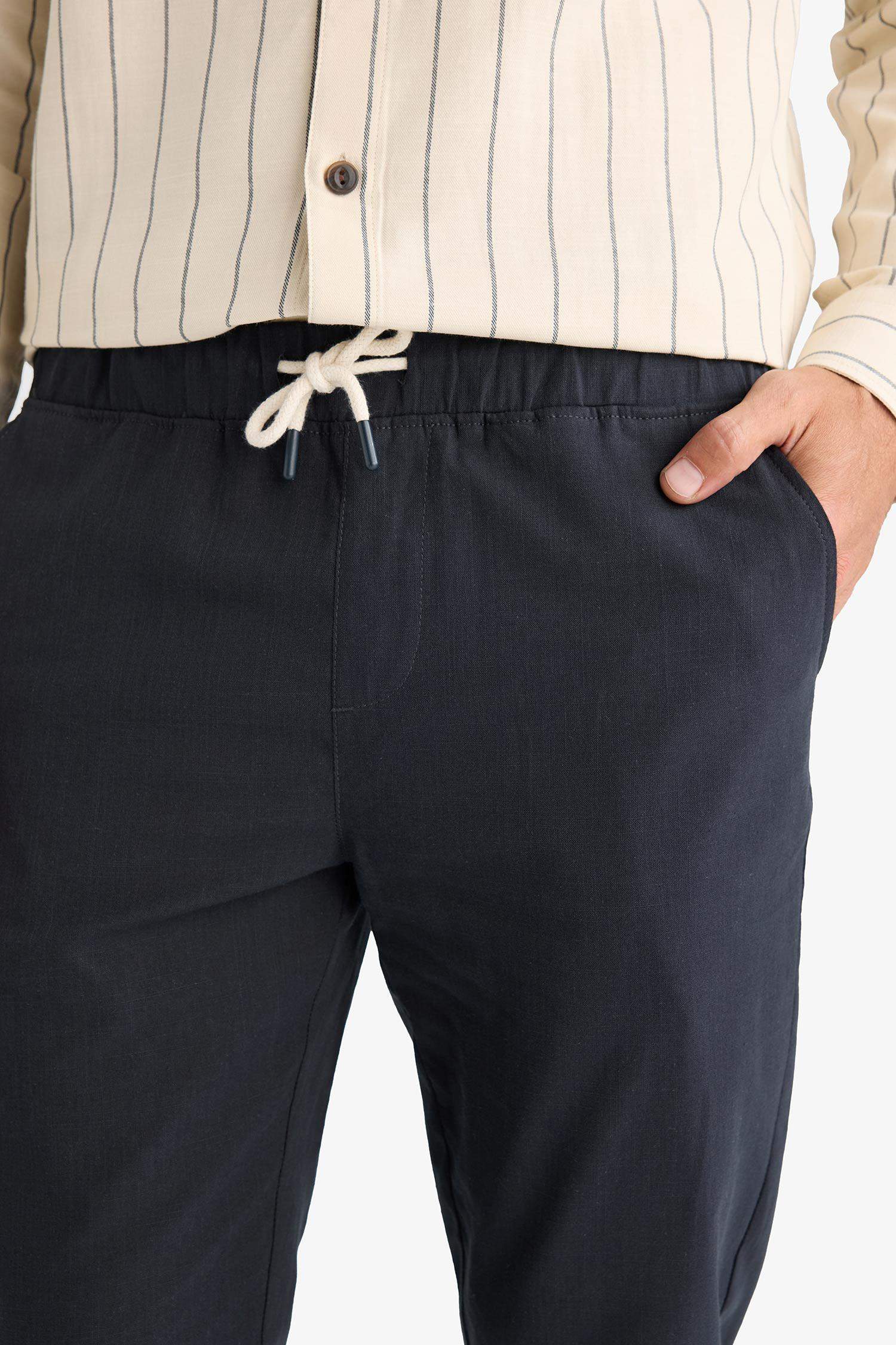 بنطلون كتان جوجر صيفي قطن برجل ضيقة وخصر مطاطي أنثرا غامق