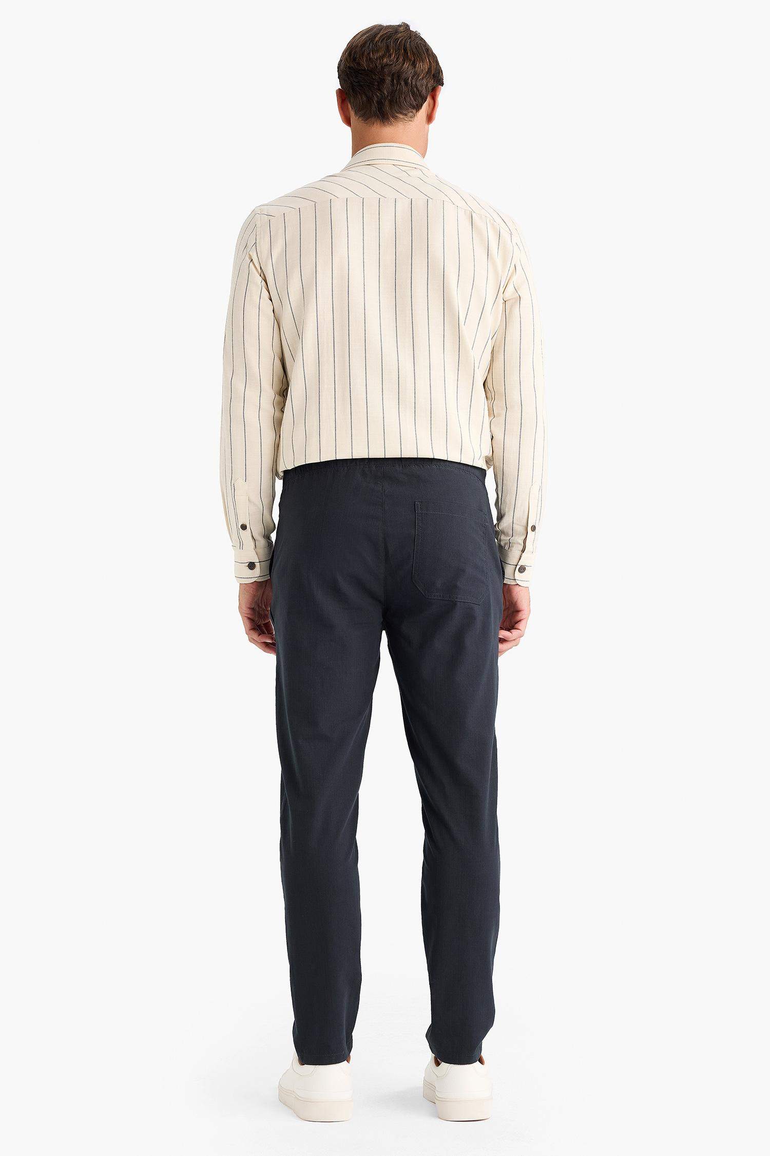 بنطلون كتان جوجر صيفي قطن برجل ضيقة وخصر مطاطي أنثرا غامق