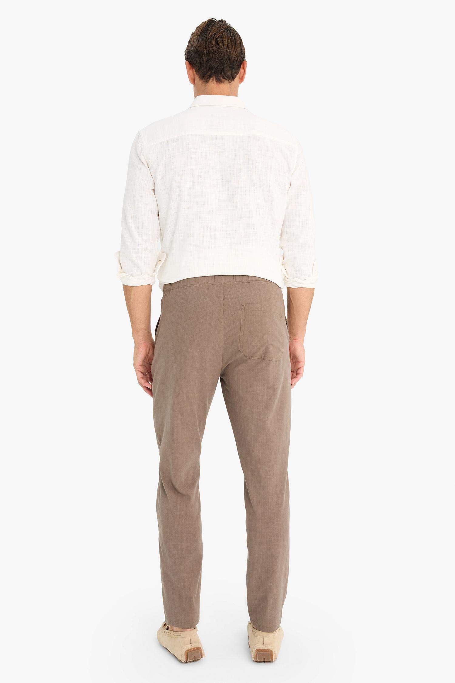 بنطلون كتان جوجر صيفي قطن برجل ضيقة وخصر مطاطي بني فاتح