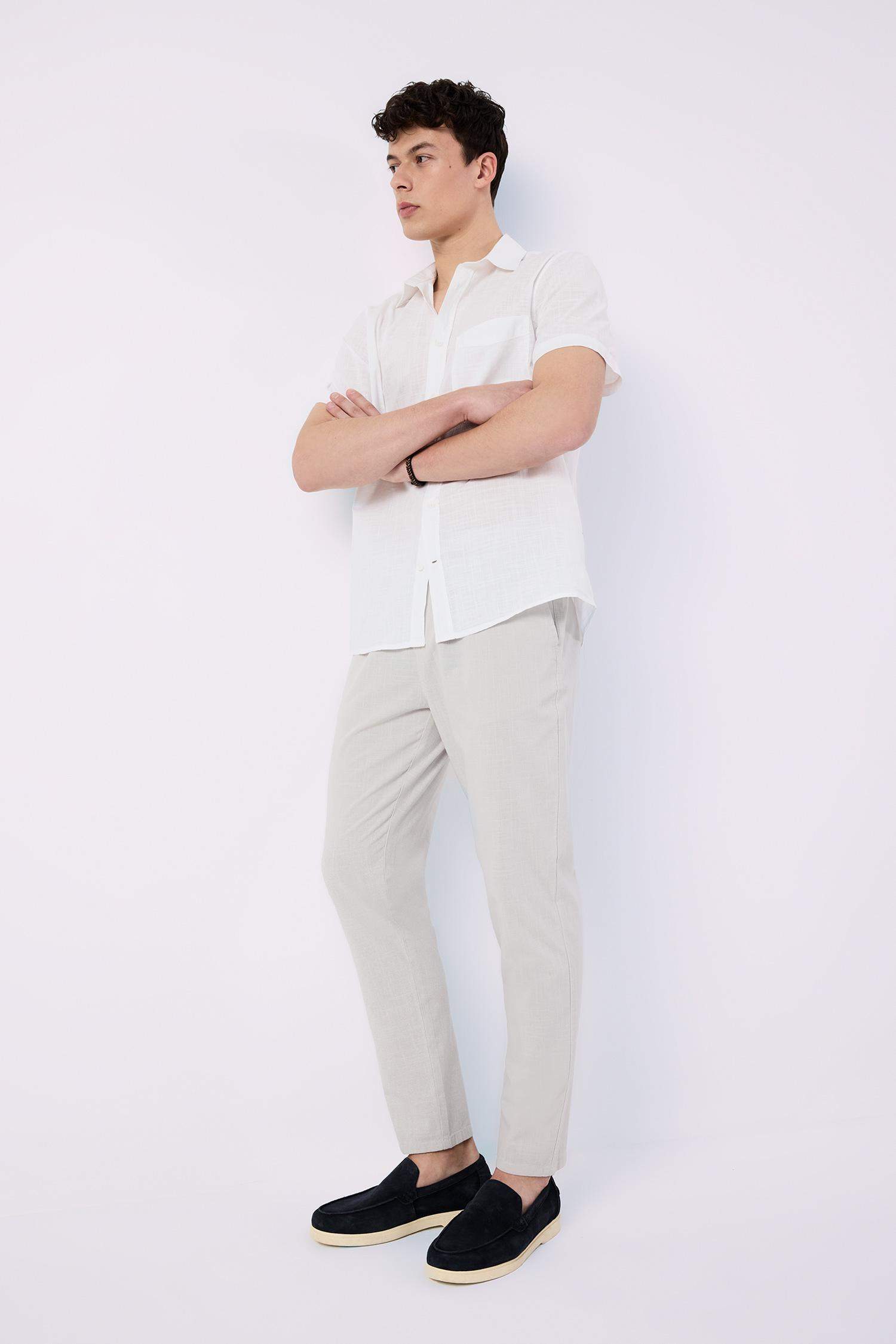 بنطلون كتان جوجر صيفي قطن برجل ضيقة وخصر مطاطي رمادي فاتح