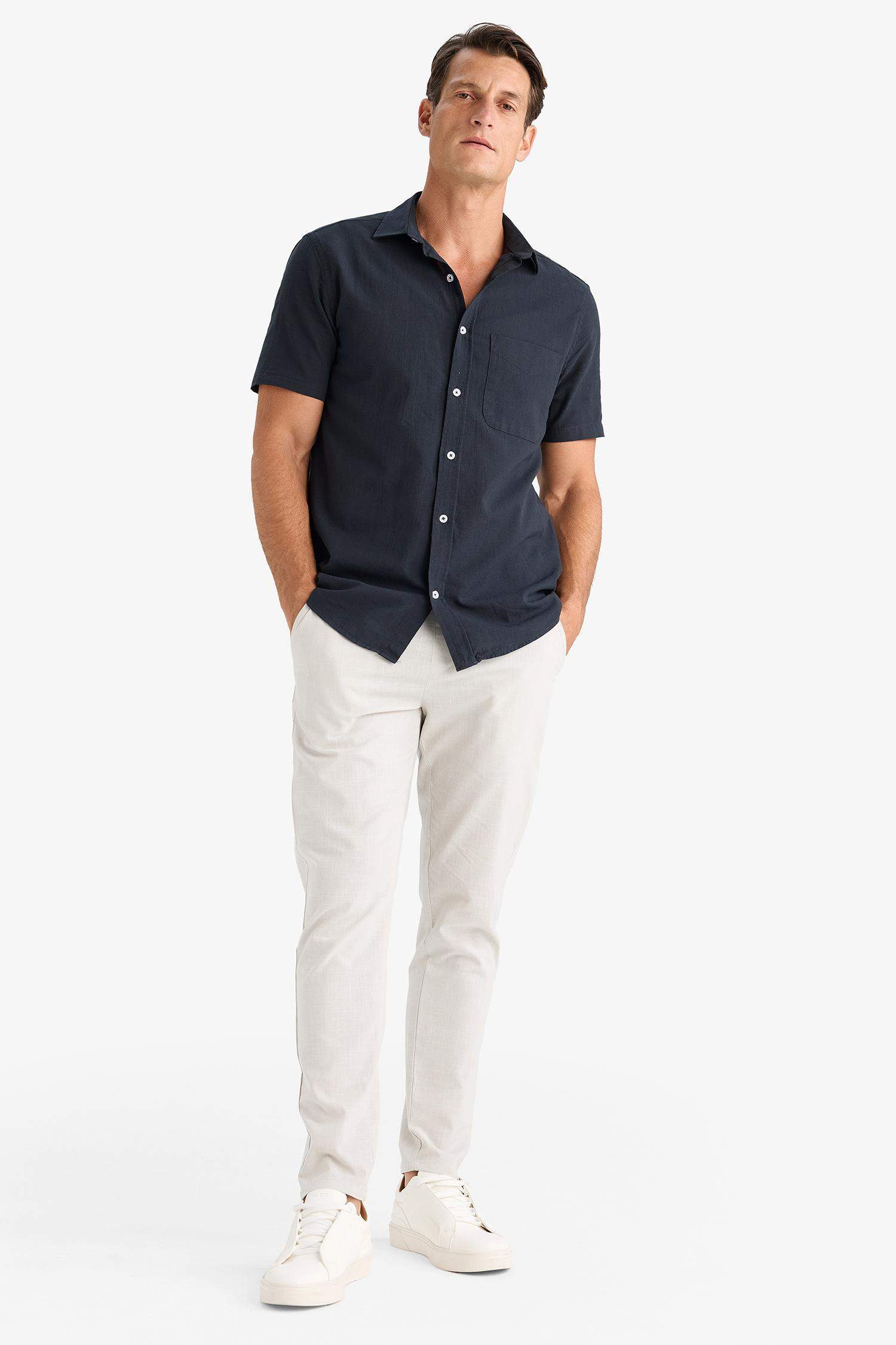 بنطلون كتان جوجر صيفي قطن برجل ضيقة وخصر مطاطي رمادي فاتح