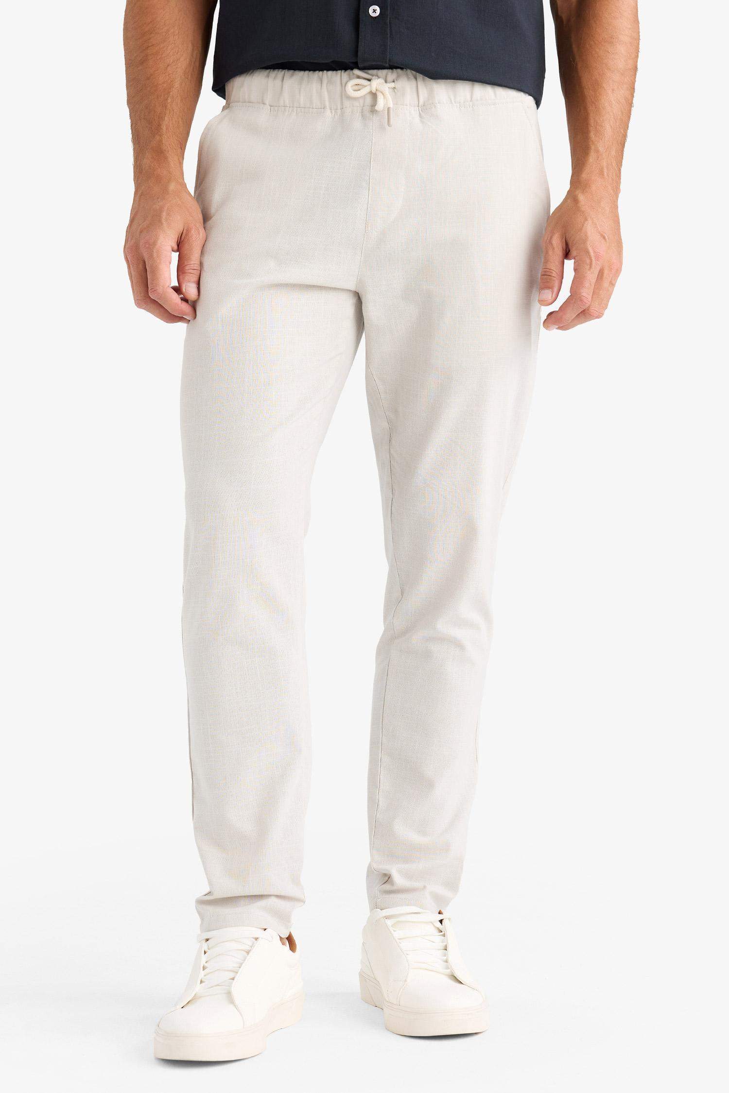 بنطلون كتان جوجر صيفي قطن برجل ضيقة وخصر مطاطي رمادي فاتح