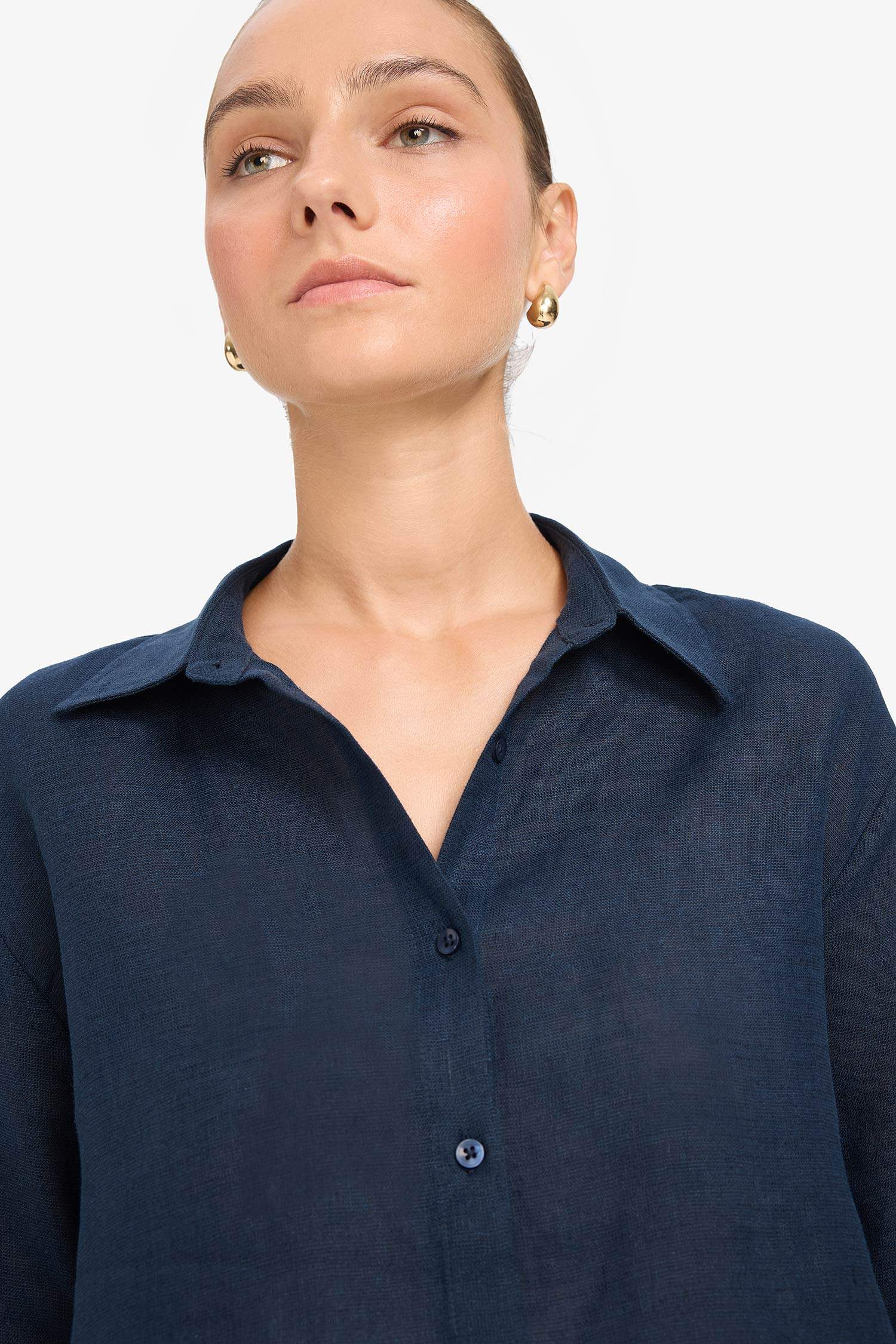 %100 Keten Oversize Geniş Kalıp Uzun Kollu Gömlek