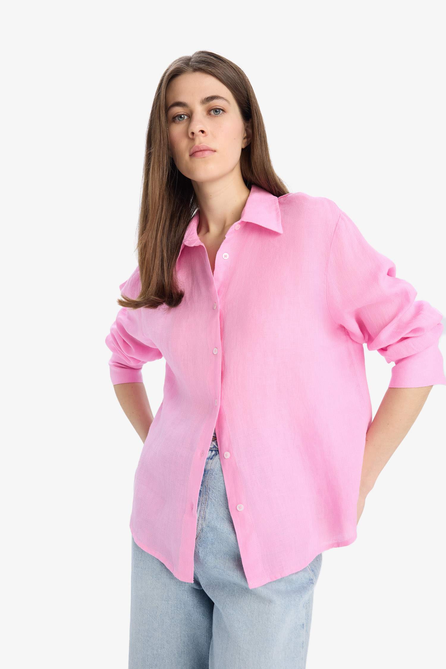 %100 Keten Oversize Geniş Kalıp Basic Düz Pembe Uzun Kollu Gömlek