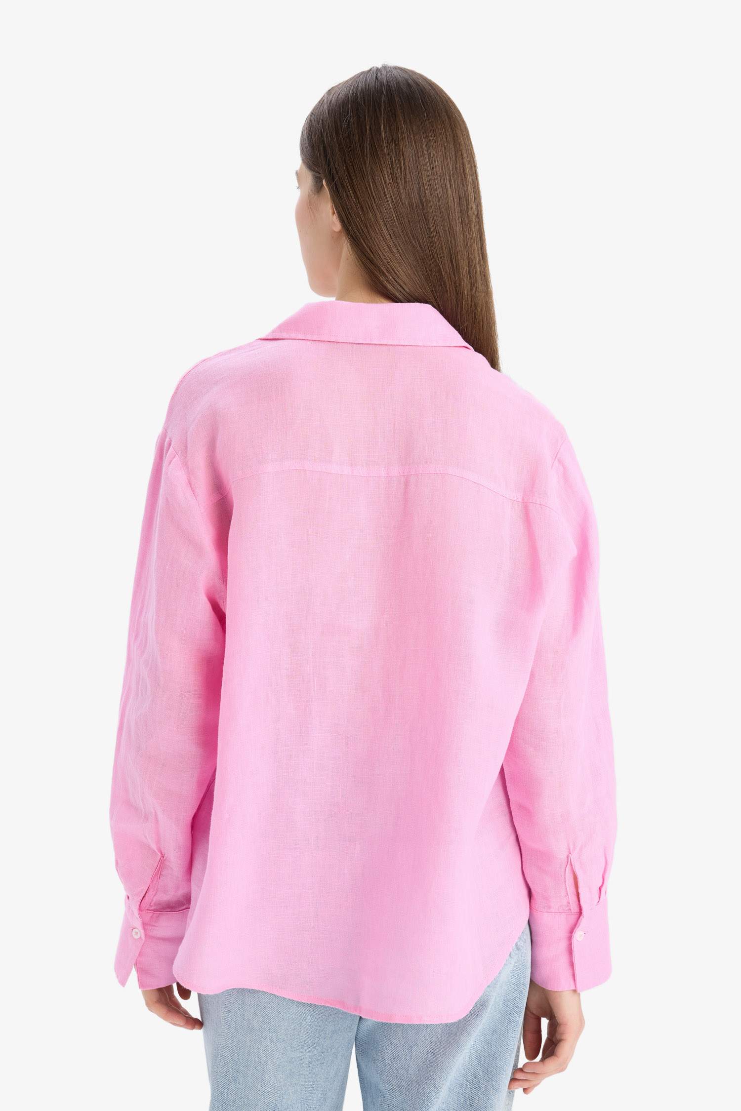 %100 Keten Oversize Geniş Kalıp Basic Düz Pembe Uzun Kollu Gömlek