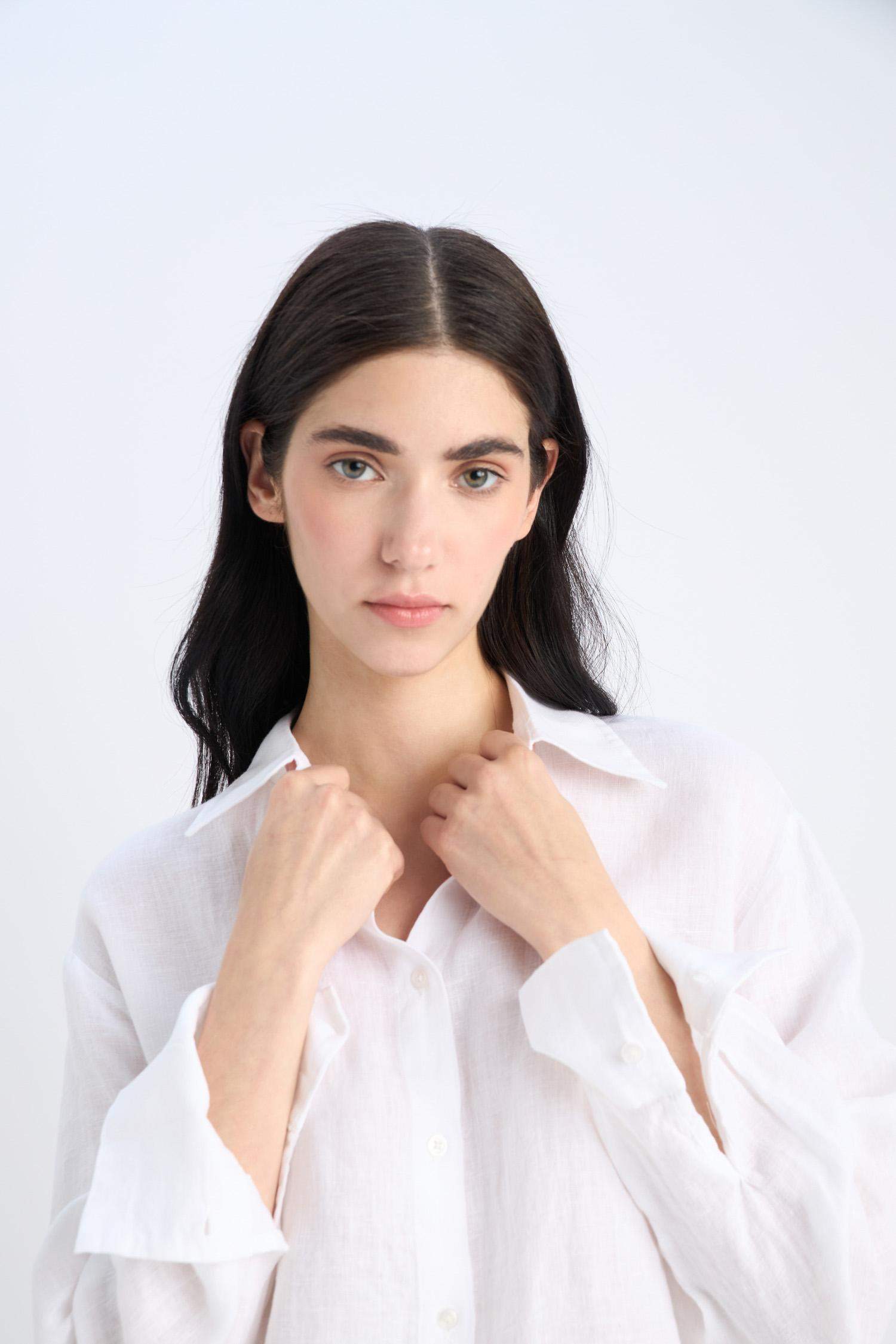 %100 Keten Oversize Geniş Kalıp Uzun Kollu Beyaz Gömlek