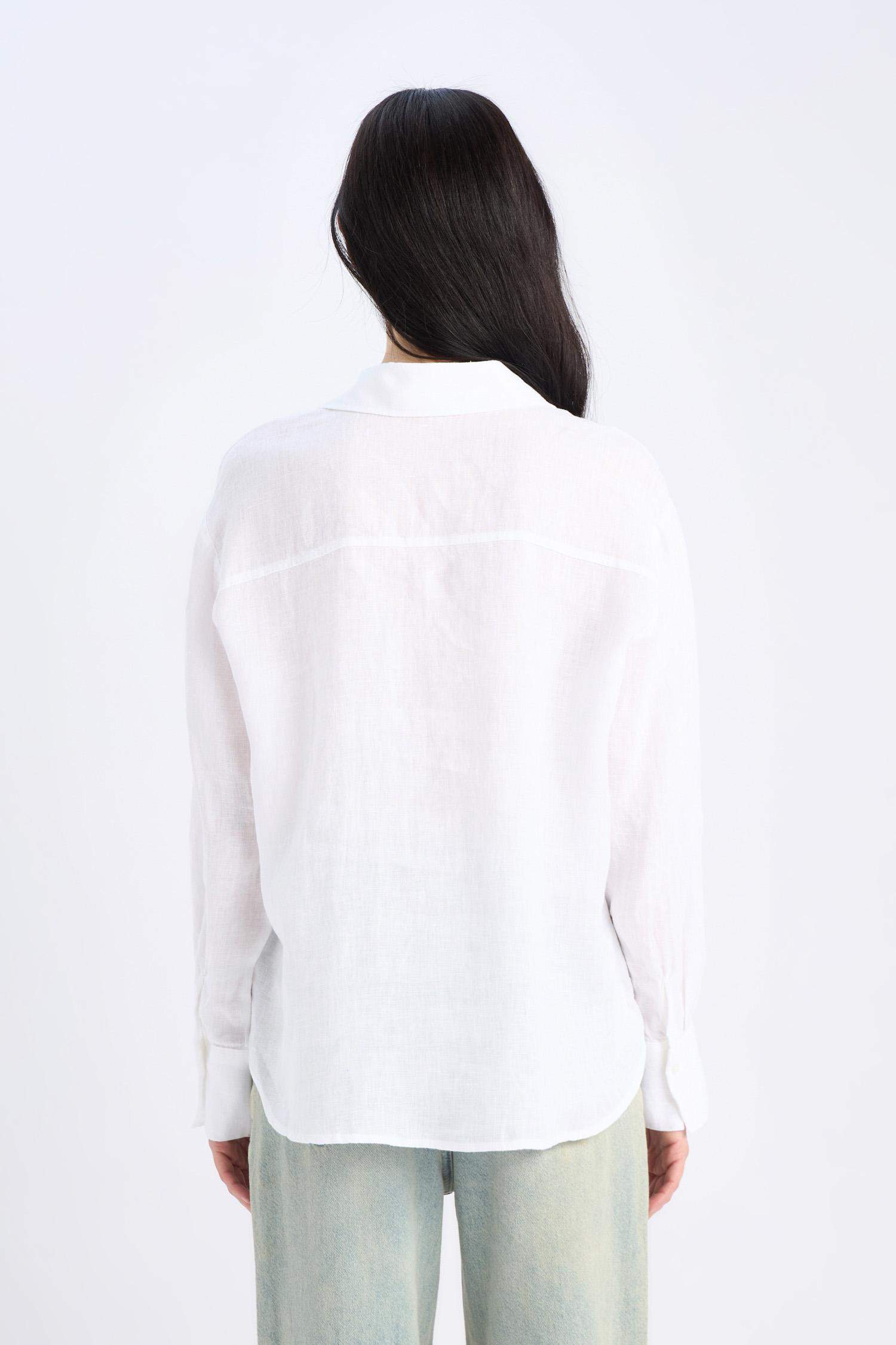 %100 Keten Oversize Geniş Kalıp Uzun Kollu Beyaz Gömlek