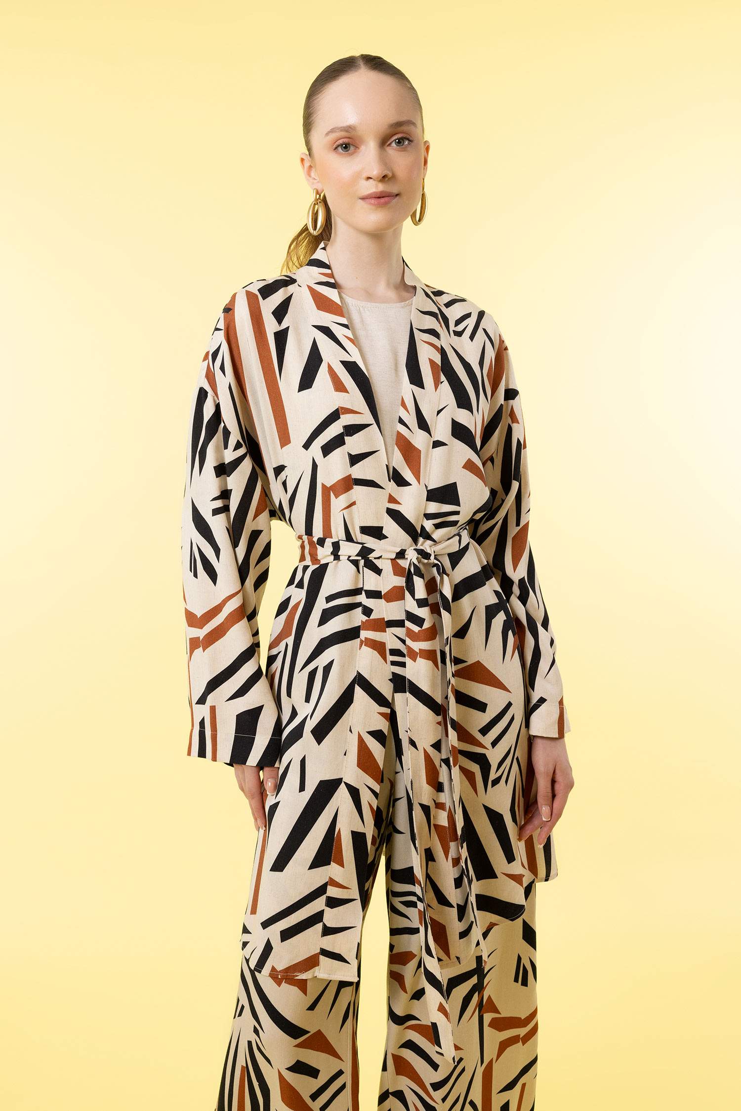 Regular Fit Linen Blended Printed Long Sleeve Tunic