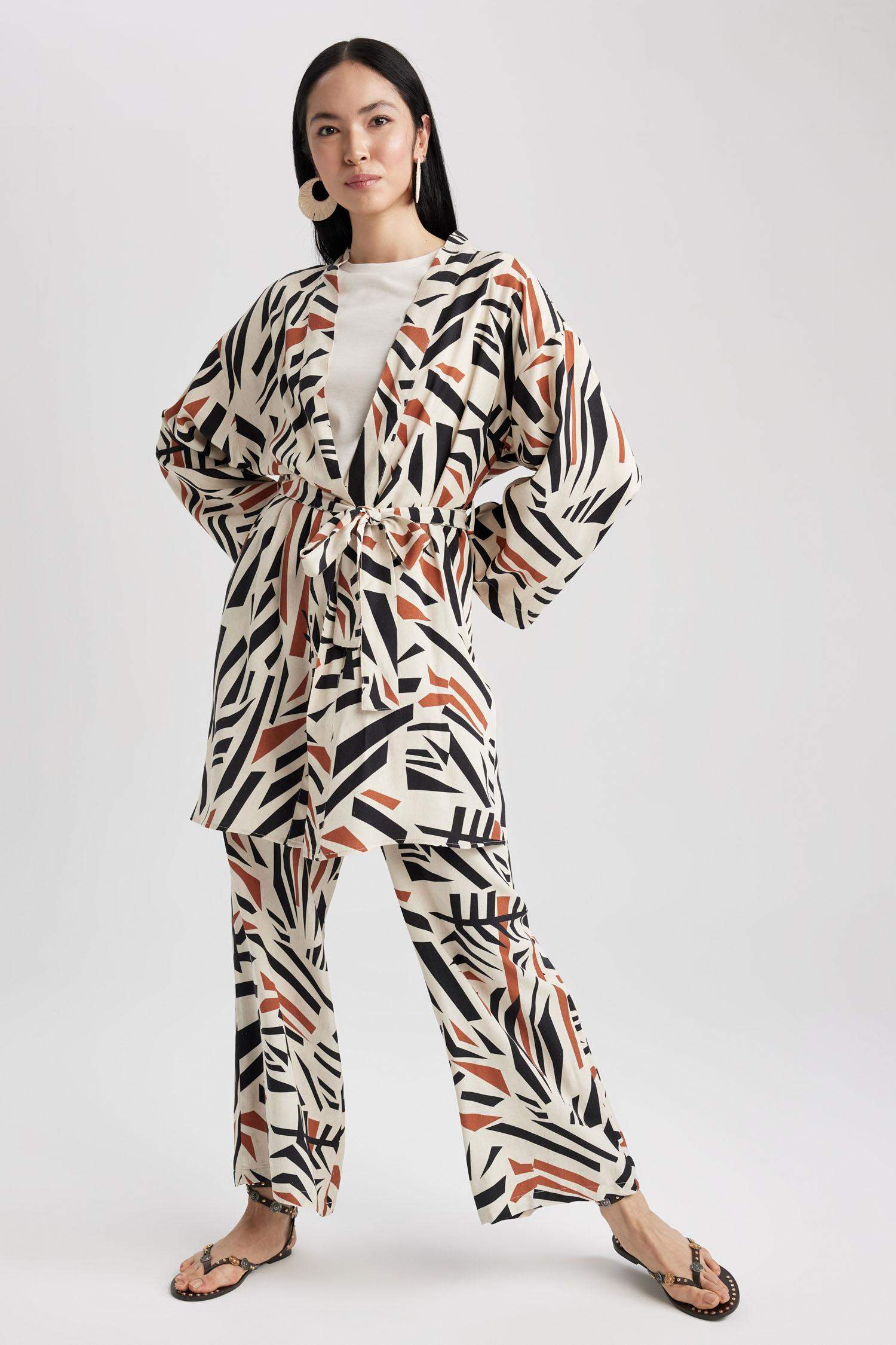 Regular Fit Linen Blended Printed Long Sleeve Tunic