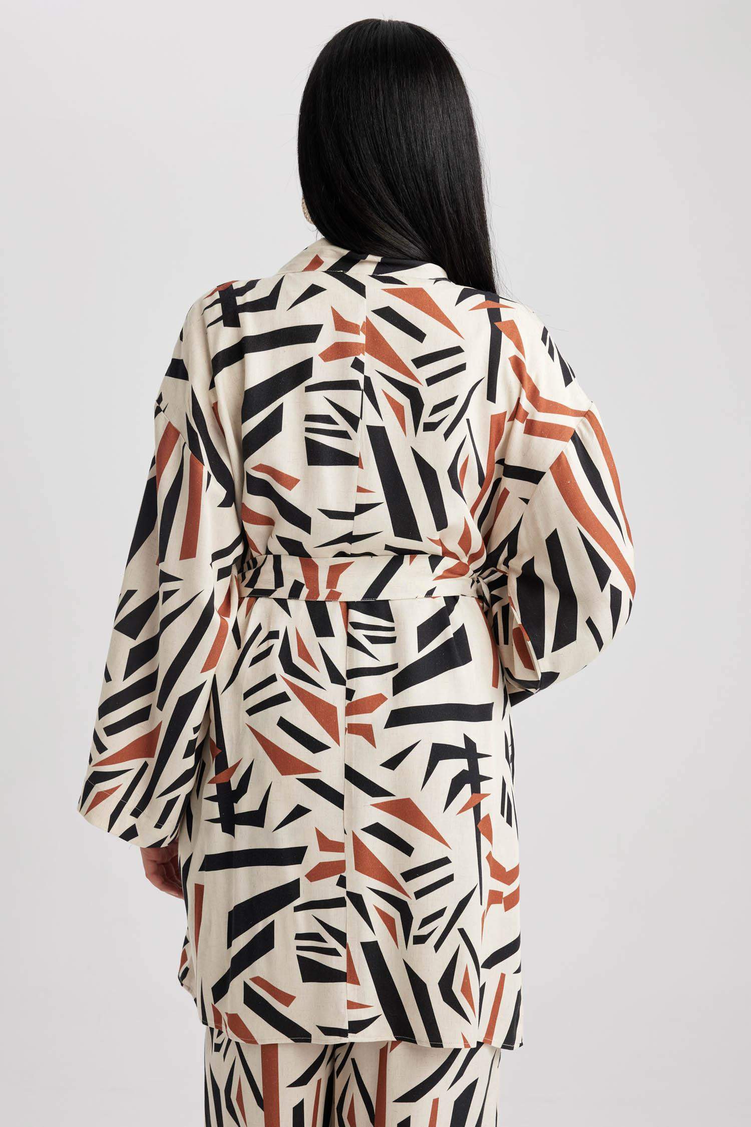 Regular Fit Linen Blended Printed Long Sleeve Tunic