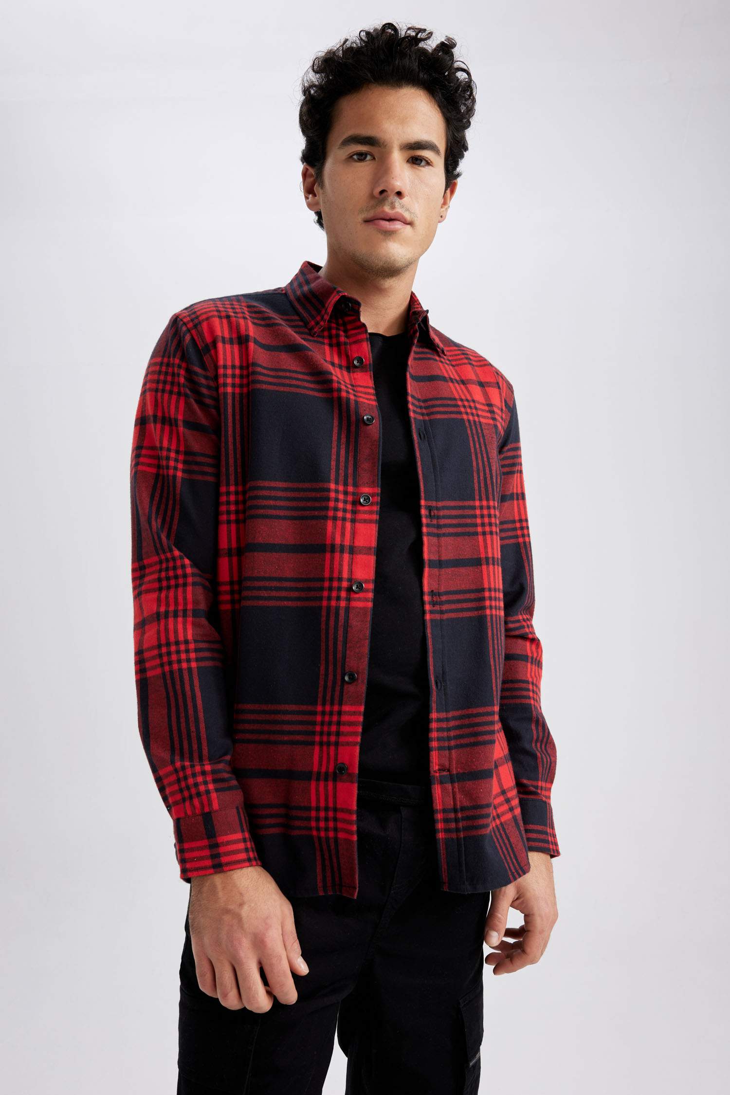 Red MAN Regular Fit Polo Collar Flanel Plaid Long Sleeve Shirt 