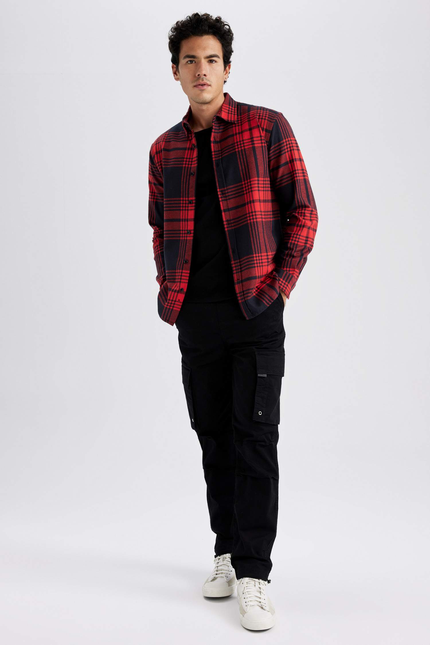 Red MAN Regular Fit Polo Collar Flanel Plaid Long Sleeve Shirt 