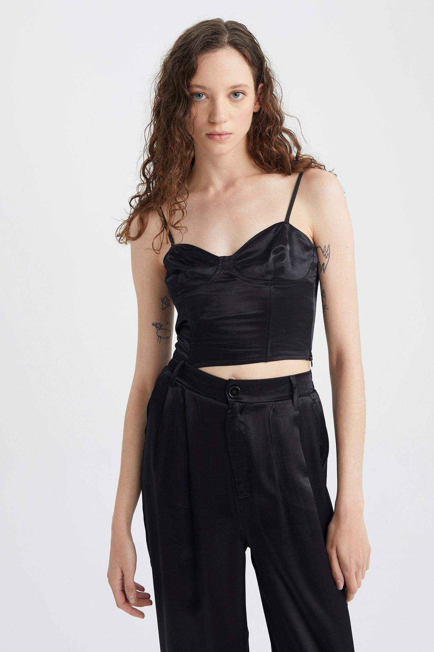 Fitted Heart Collar Satin Strap Sleeveless Blouse