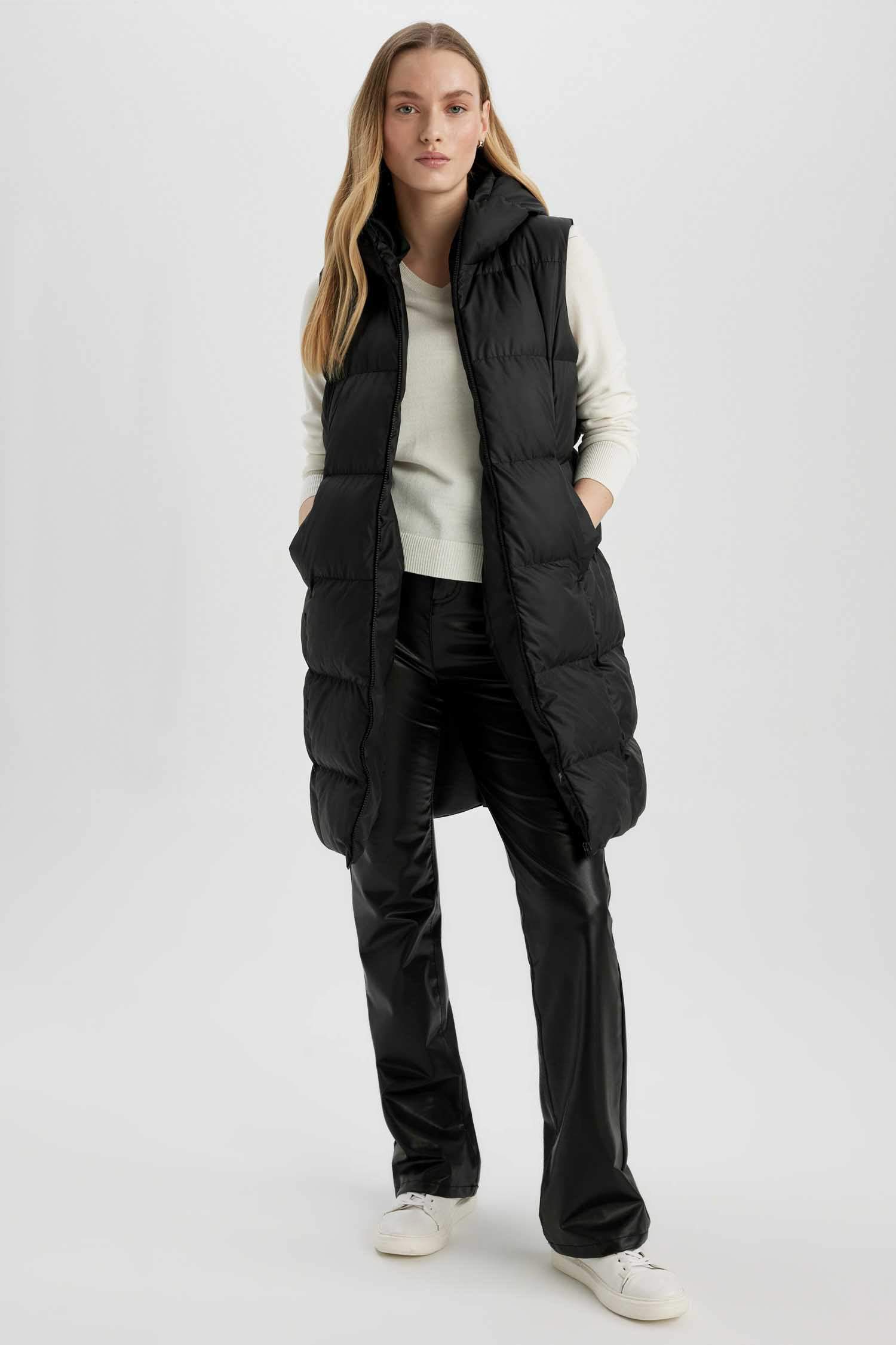 Su İtici Regular Kalıp Kapüşonlu Fermuarlı Uzun Şişme Yelek