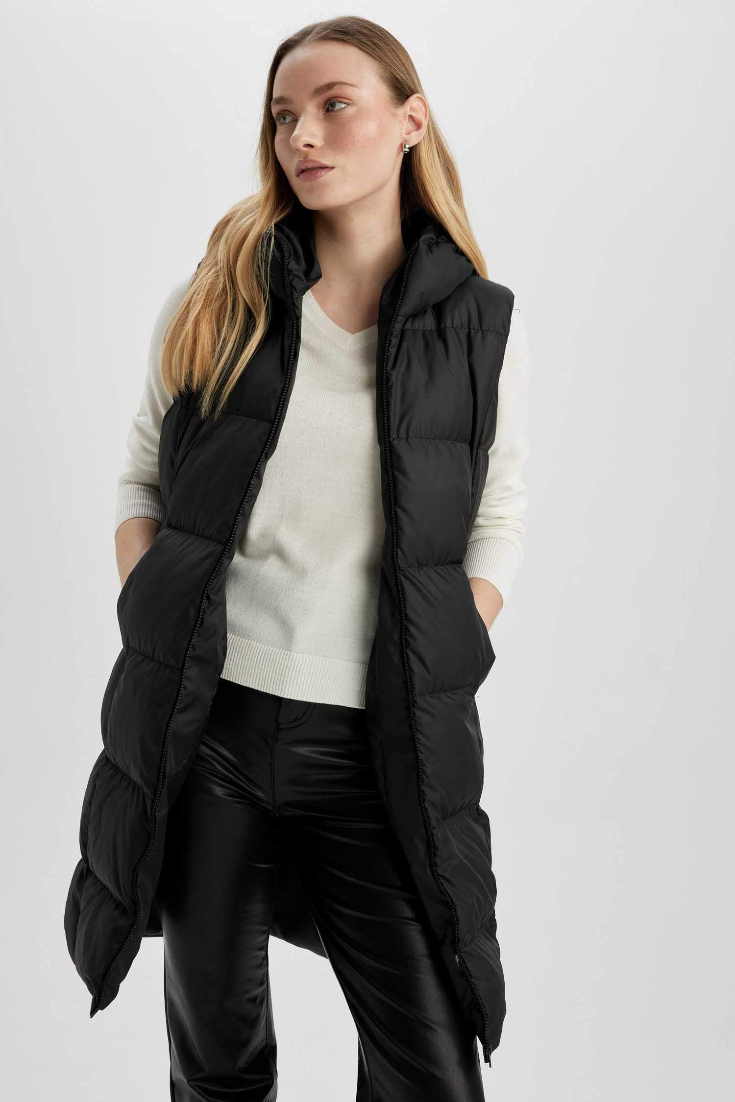 Su İtici Regular Kalıp Kapüşonlu Fermuarlı Uzun Şişme Yelek