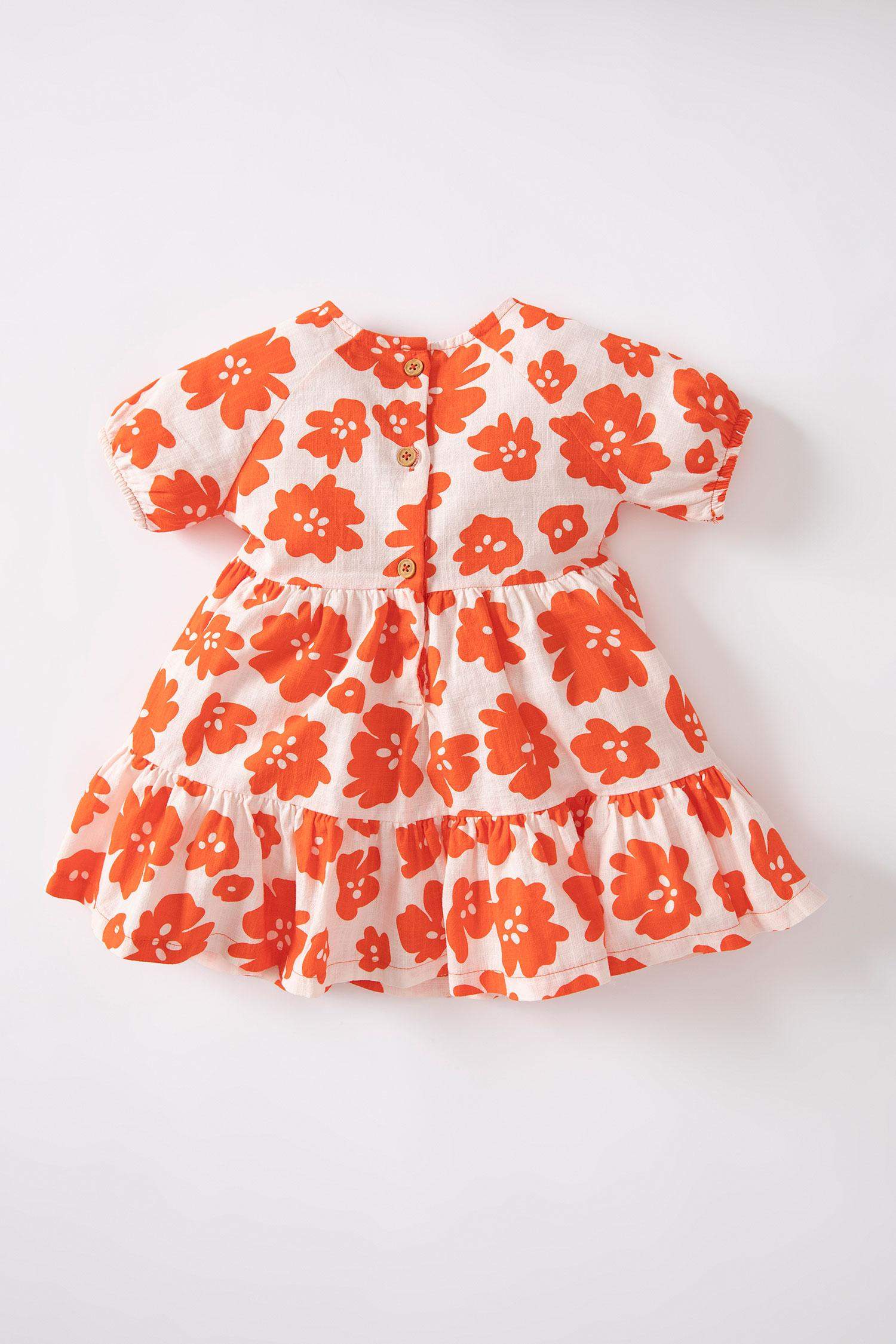 Baby Girl Floral Short Sleeve Linen Look Dress