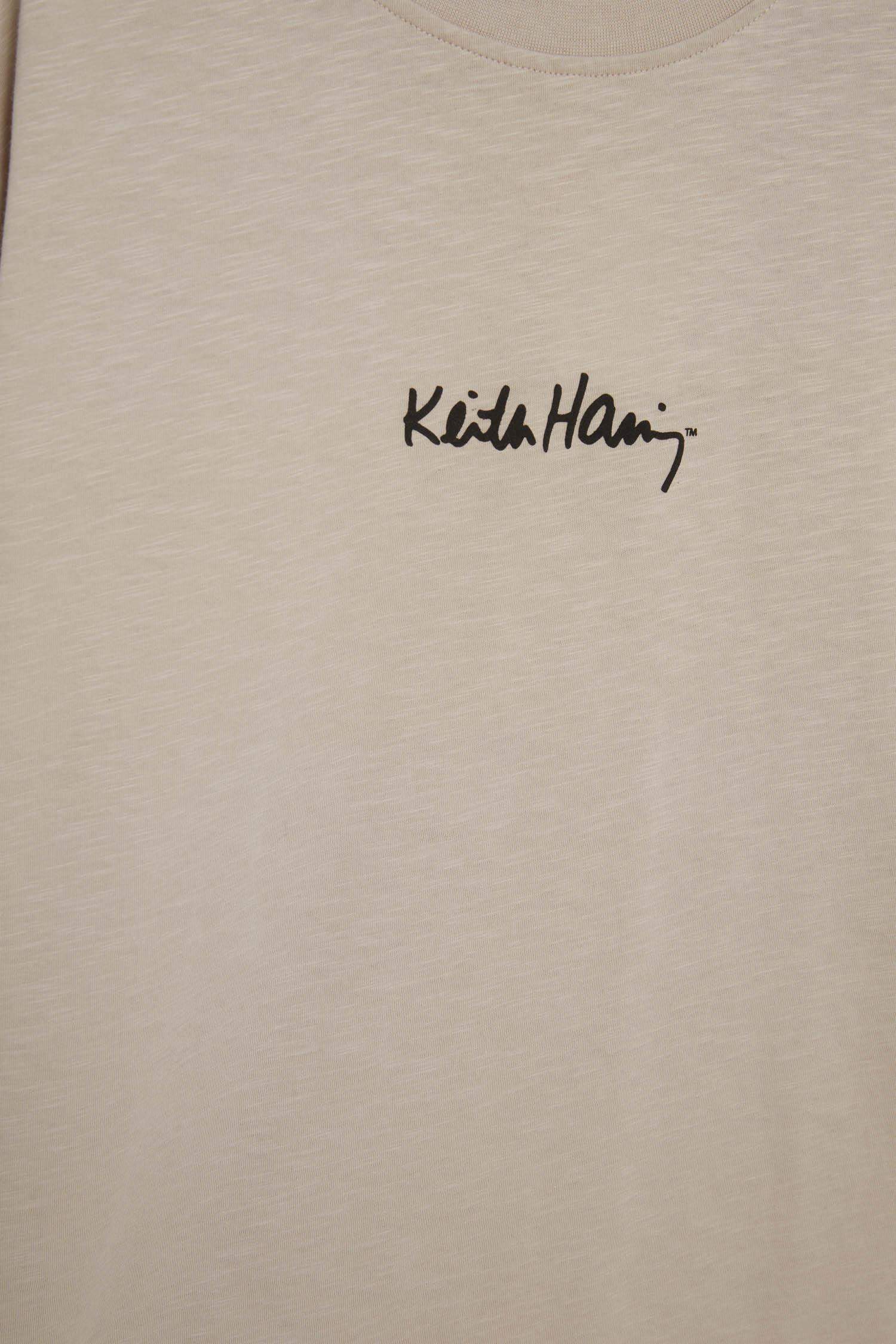 تيشيرت نص ردن قصة مريحة بياخة مستديرة بطبعة شعار من كيث هارينج