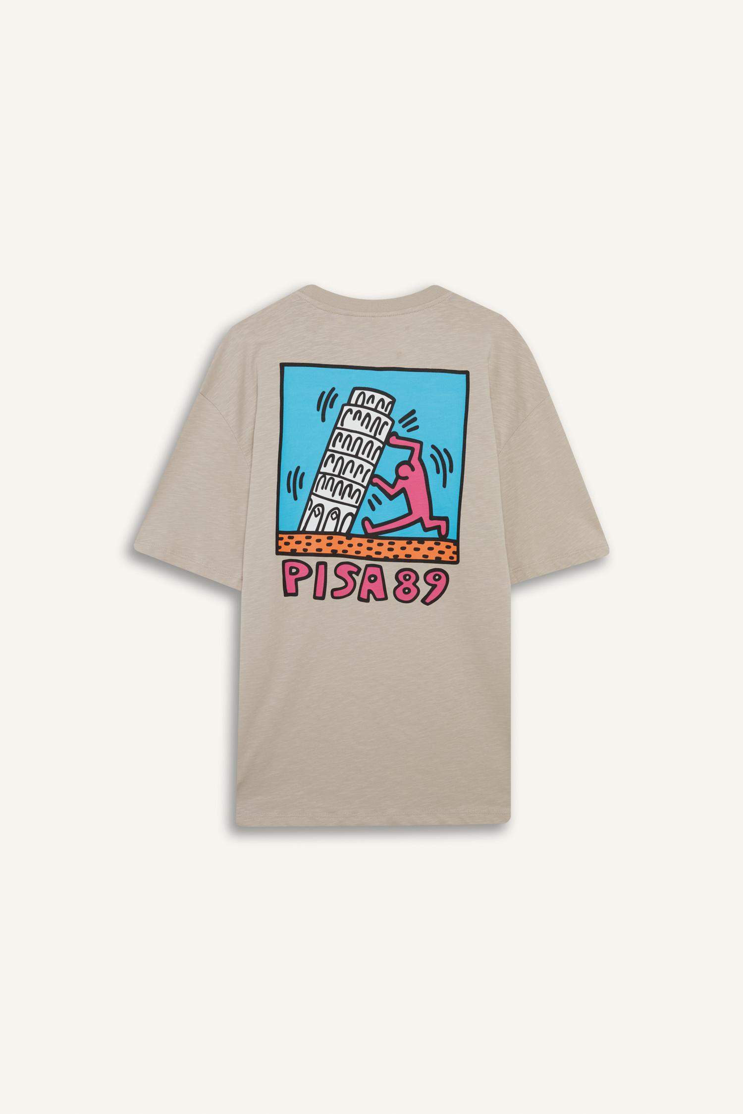 تيشيرت نص ردن قصة مريحة بياخة مستديرة بطبعة شعار من كيث هارينج