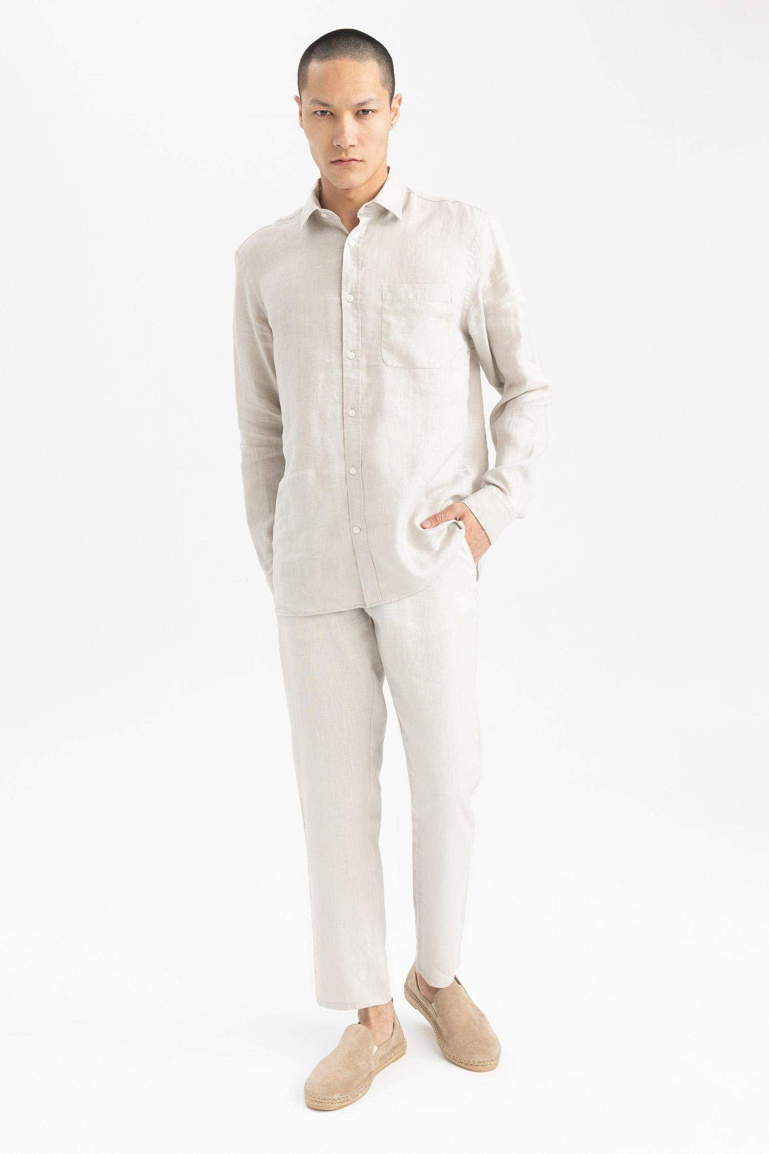 тік жаға мақта Ұзын жеңді көйлек