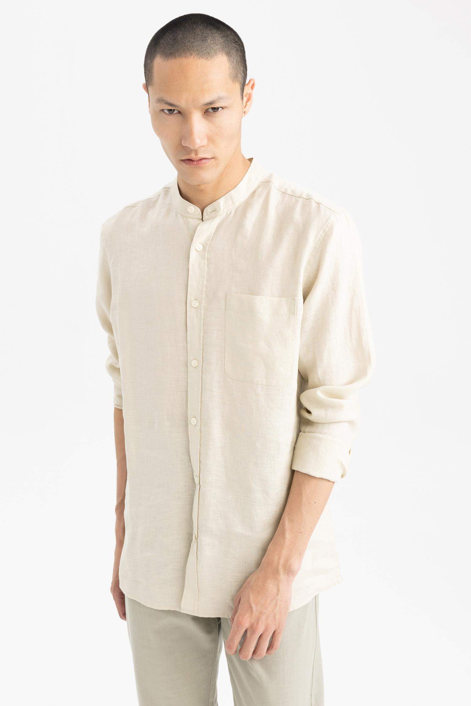 тік жаға мақта Ұзын жеңді көйлек