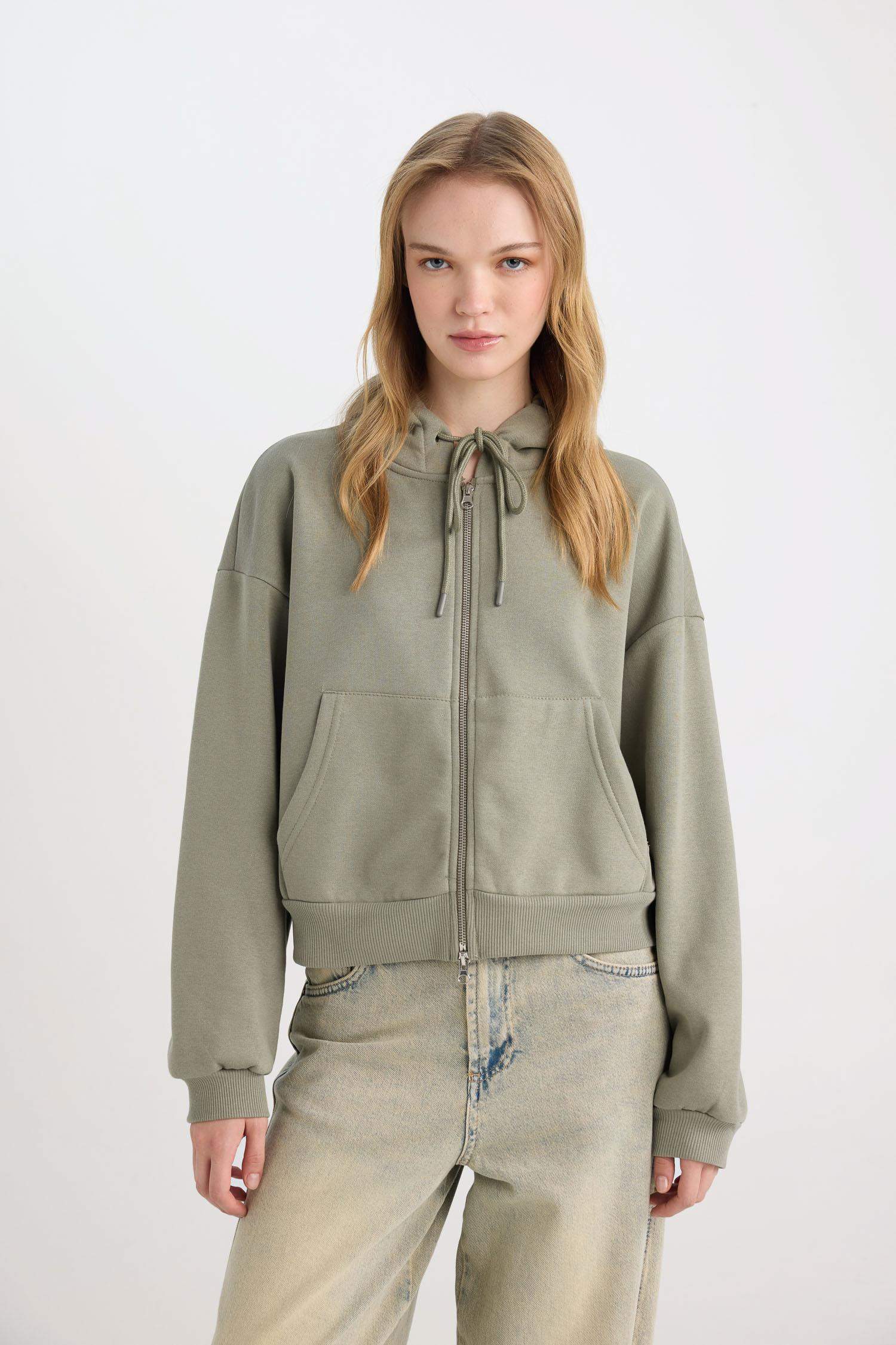 Standart Fit Kapüşonlu Basic Düz Kanguru Cepli Fermuarlı Sweatshirt