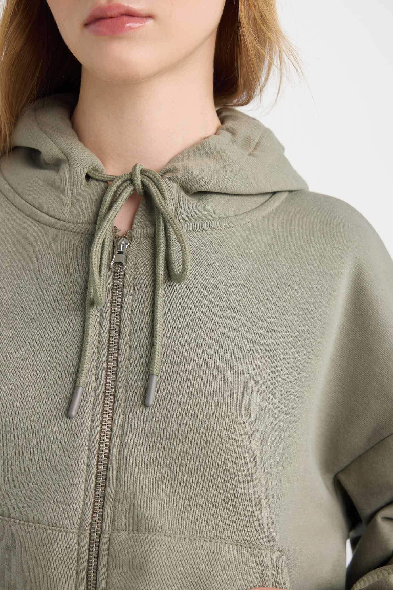 Standart Fit Kapüşonlu Basic Düz Kanguru Cepli Fermuarlı Sweatshirt