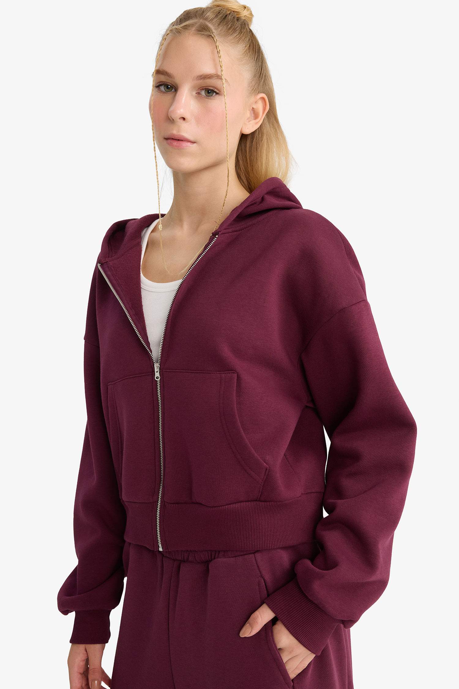 Coool Cropped Fit Kapüşonlu Kalın Fermuarlı Sweatshirt