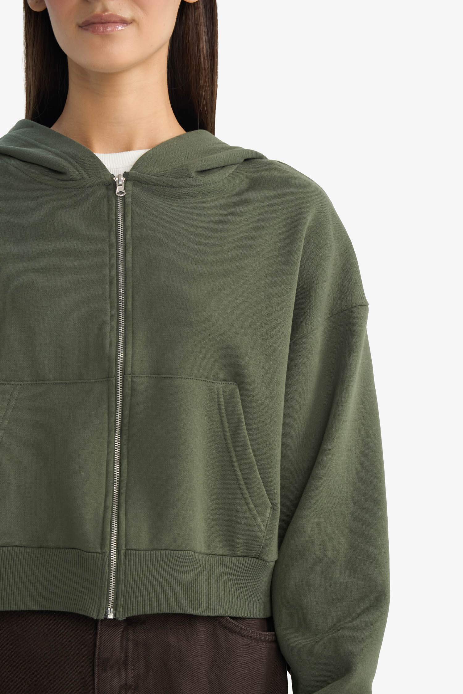 Crop Hooded Thick Sweatshirt Fabric Cardigan