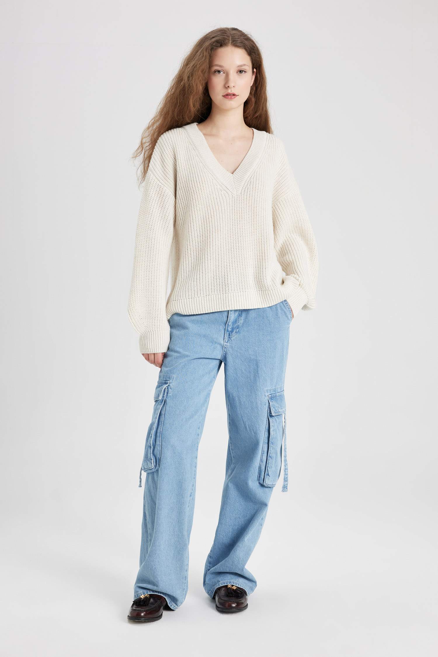 үлкен пішім v жаға трикотаж Пулловер