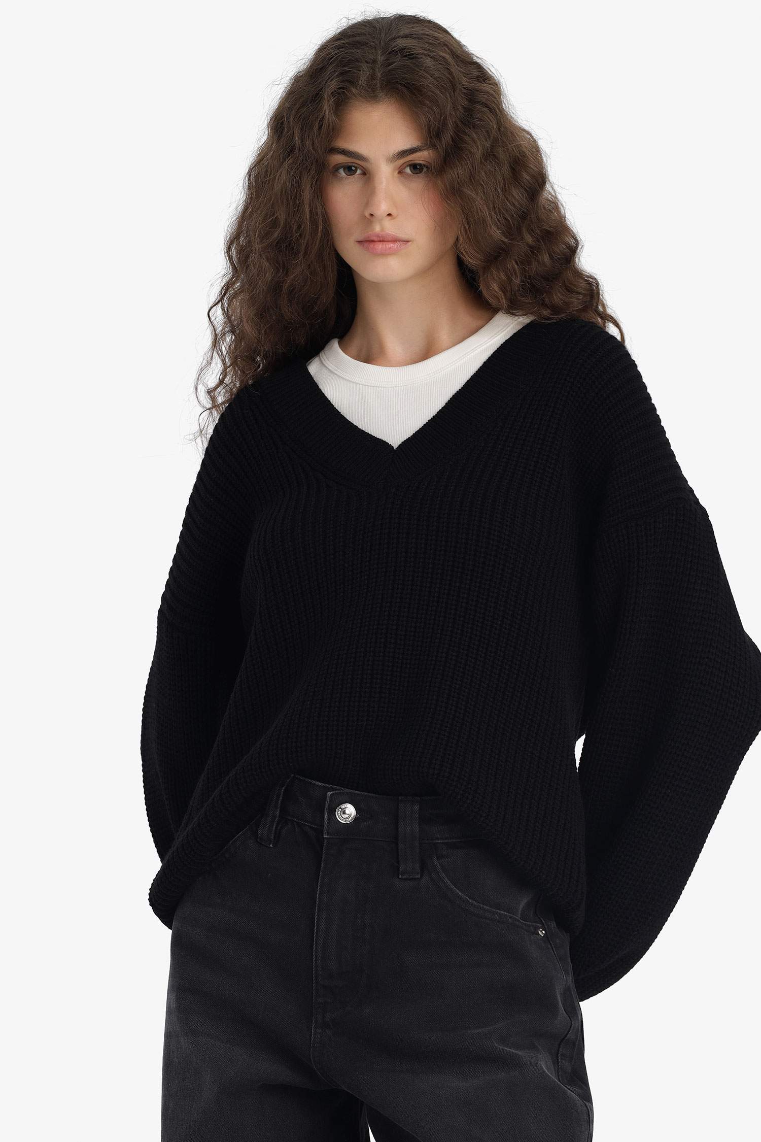 Oversize Fit V-Neck Knit Pulover