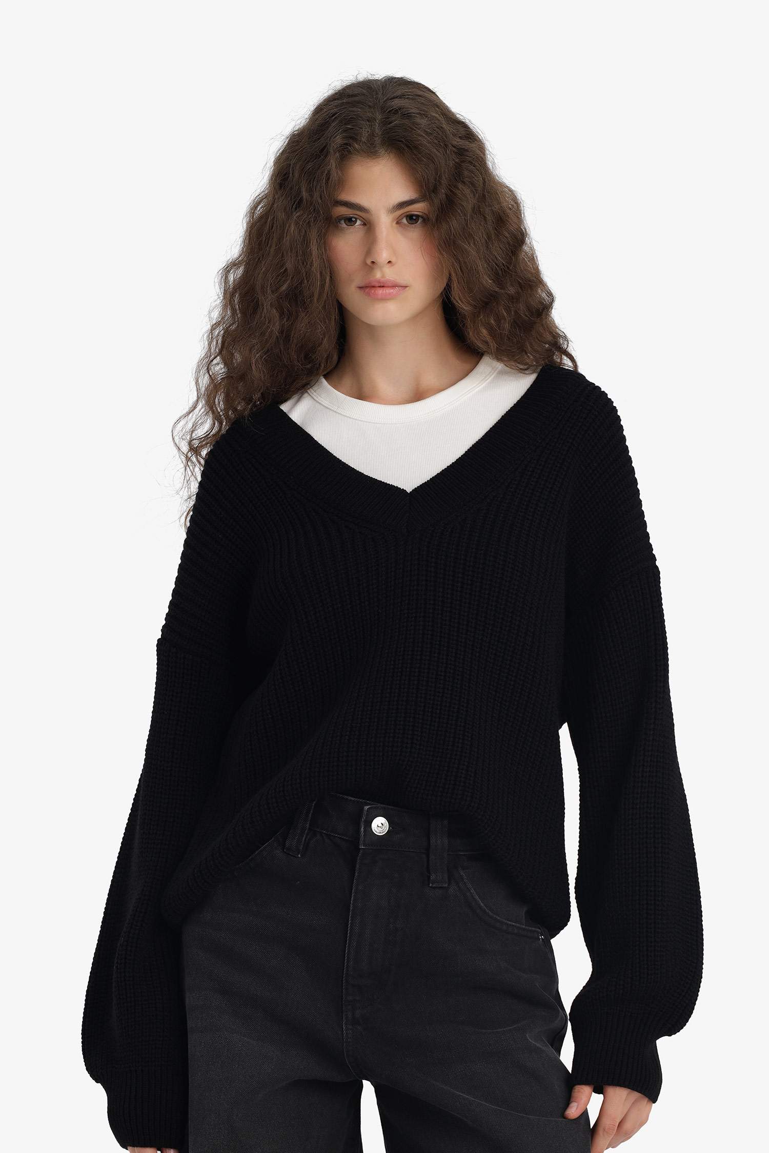 Oversize Fit V-Neck Knit Pulover