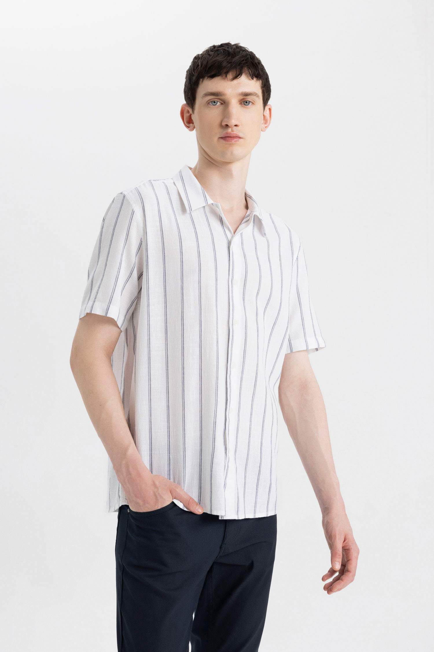 Regular Fit Polo Neck Cotton Striped Shirt