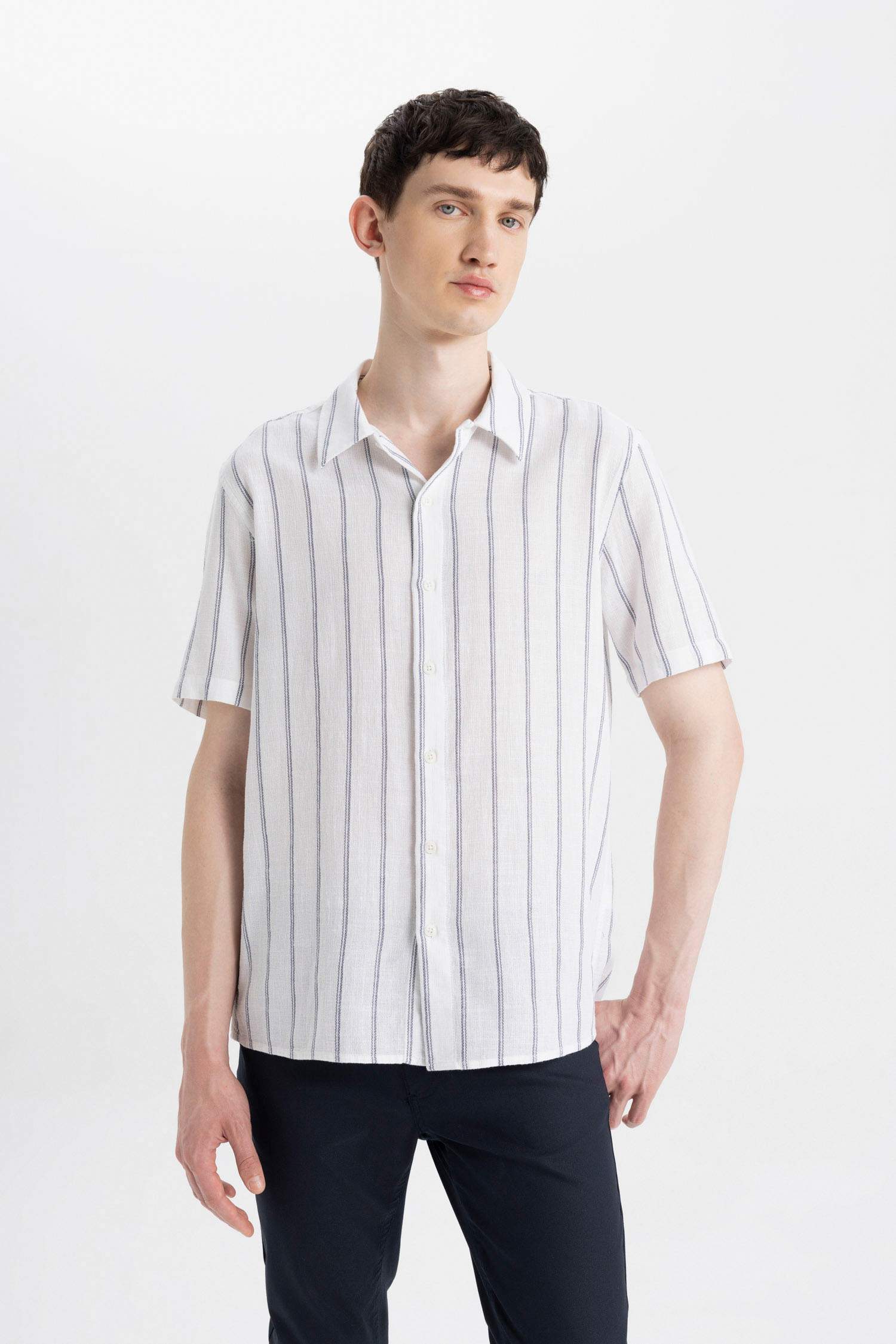 Regular Fit Polo Neck Cotton Striped Shirt