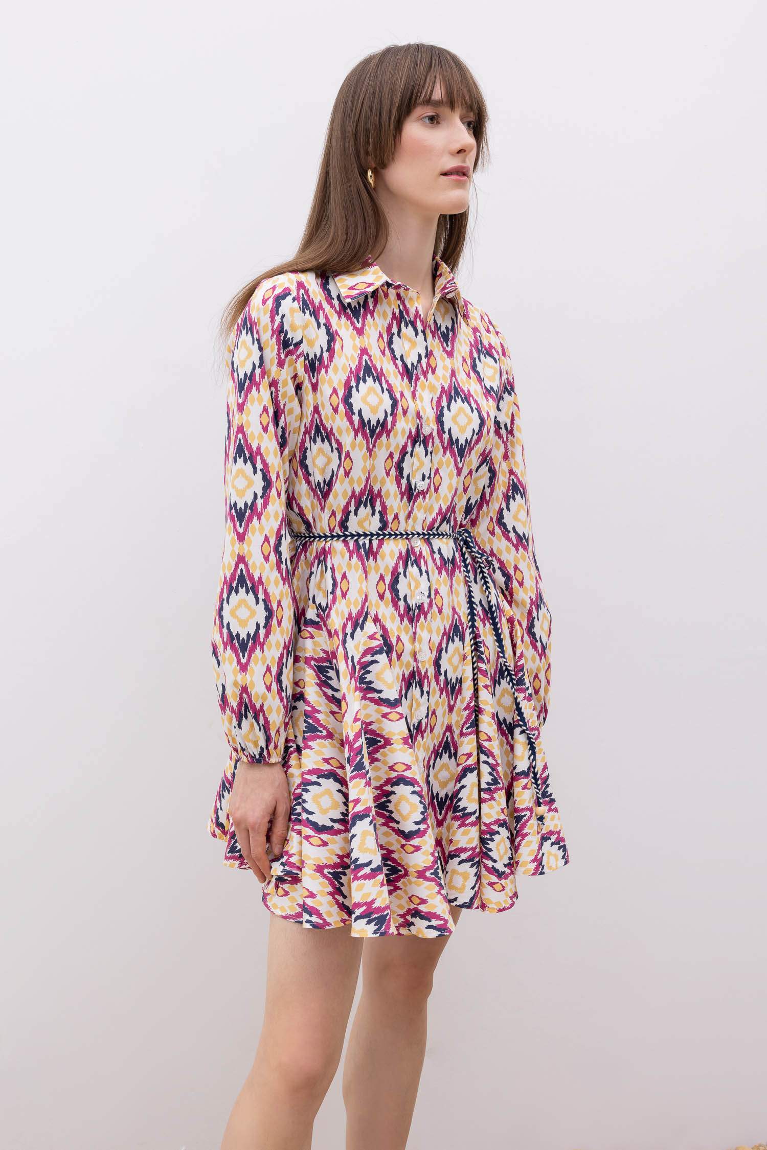 Gömlek Yaka Desenli Uzun Kollu Poplin Mini Elbise