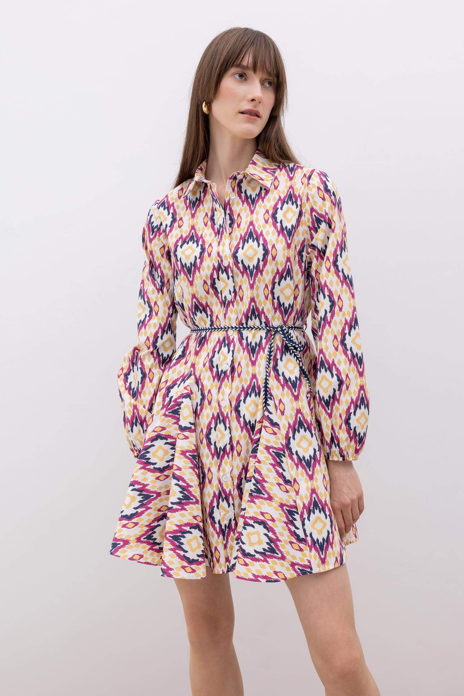 Gömlek Yaka Desenli Uzun Kollu Poplin Mini Elbise