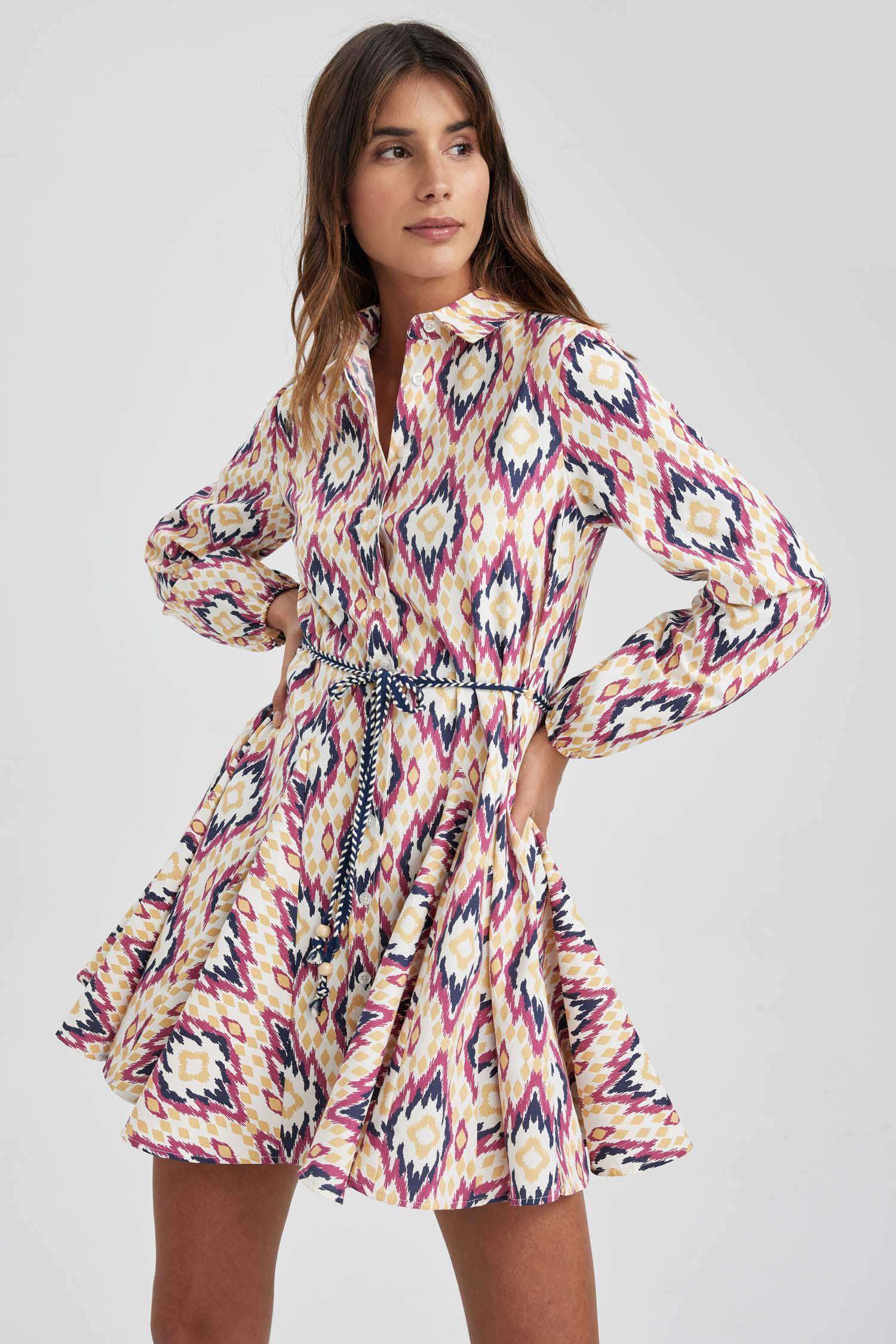 Gömlek Yaka Desenli Uzun Kollu Poplin Mini Elbise