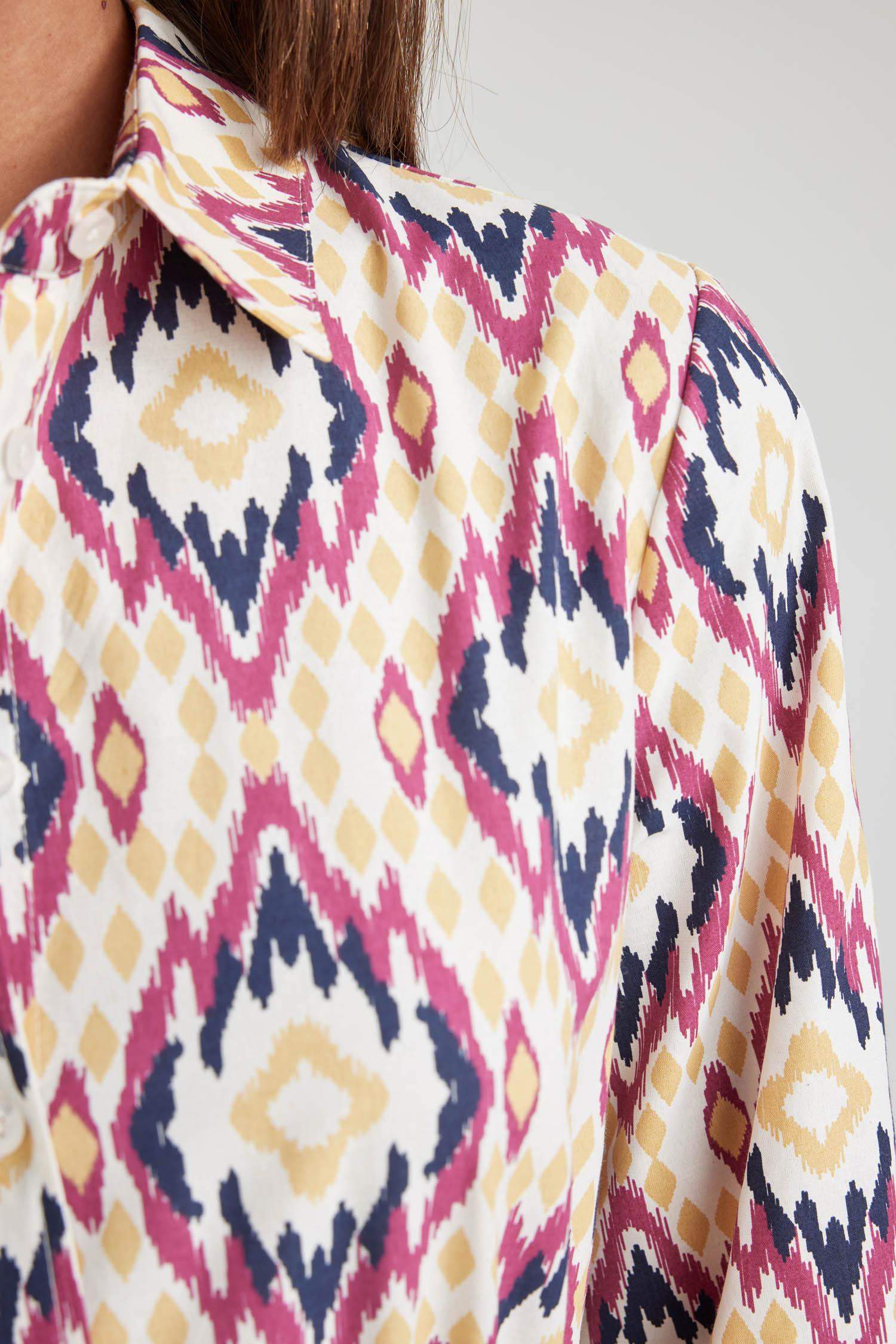 Gömlek Yaka Desenli Uzun Kollu Poplin Mini Elbise