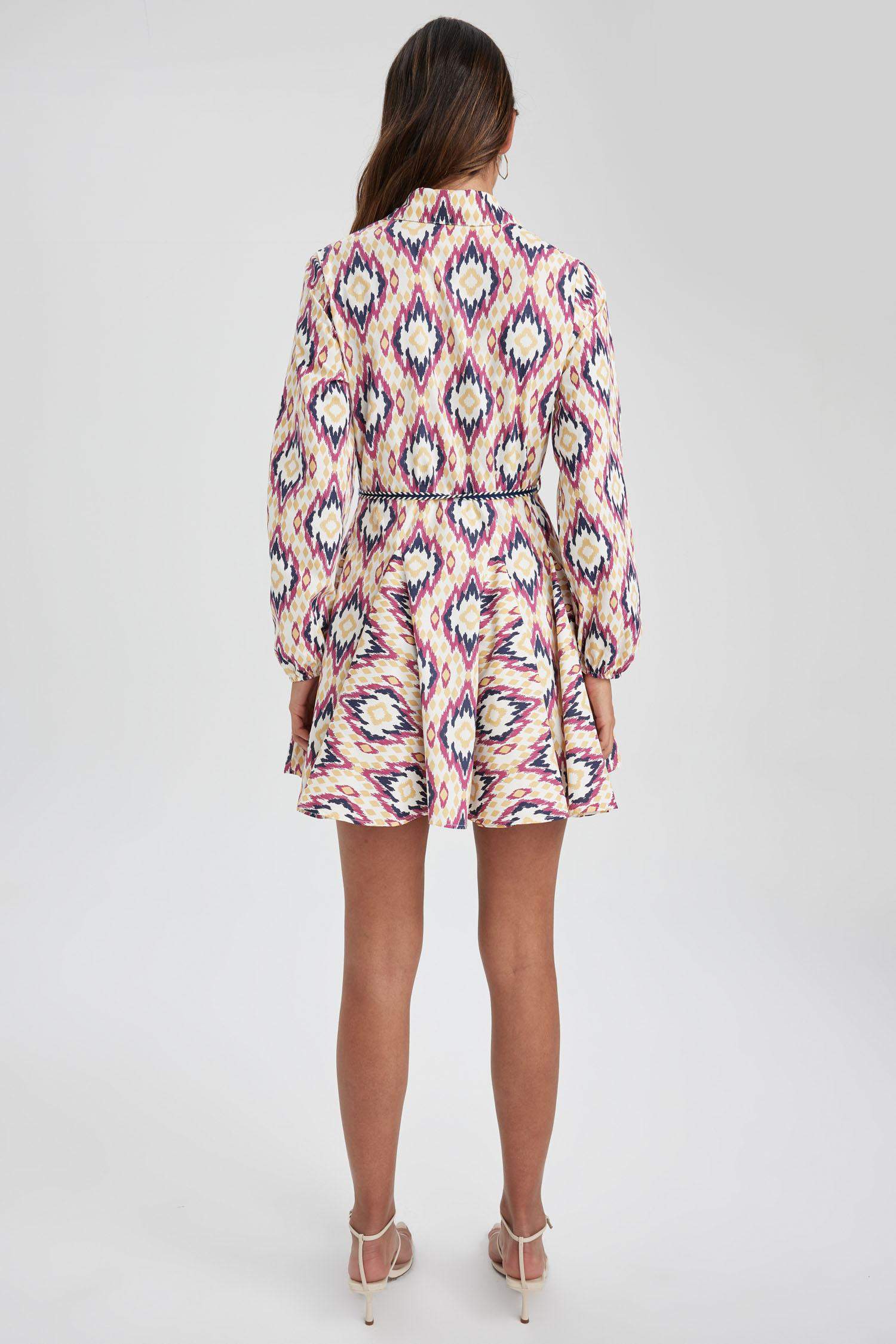 Gömlek Yaka Desenli Uzun Kollu Poplin Mini Elbise