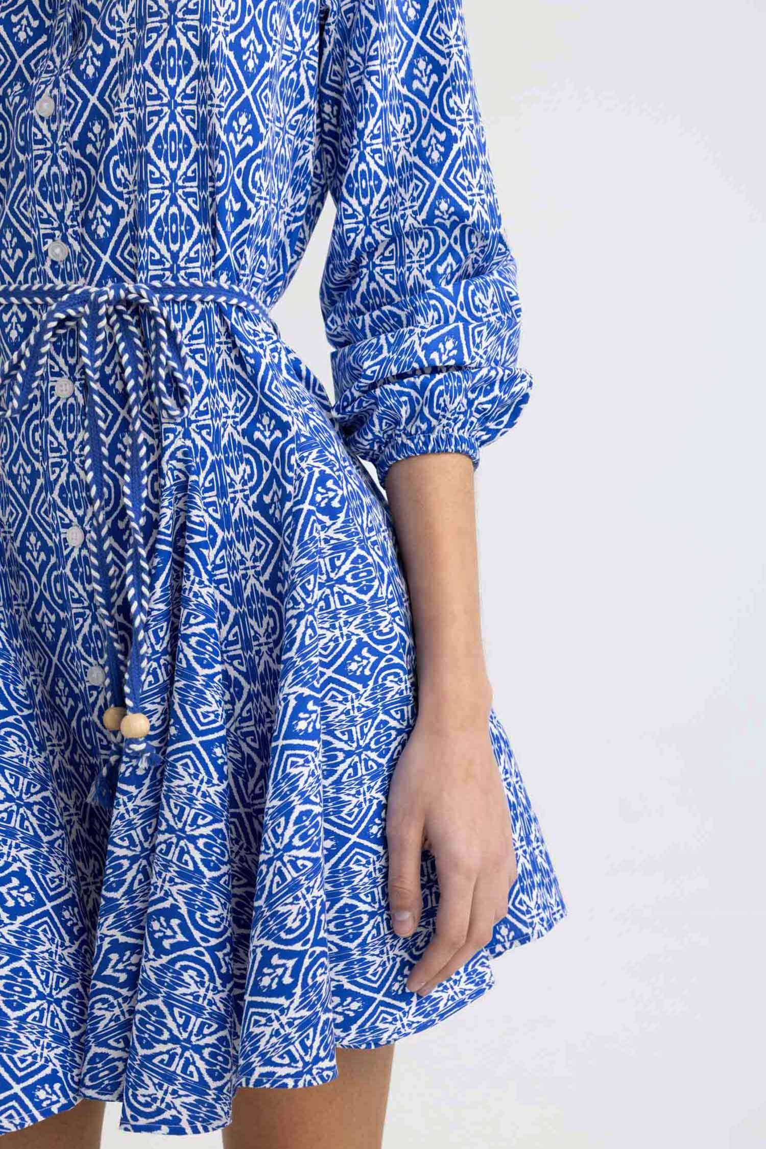 Gömlek Yaka Desenli Uzun Kollu Poplin Mini Elbise