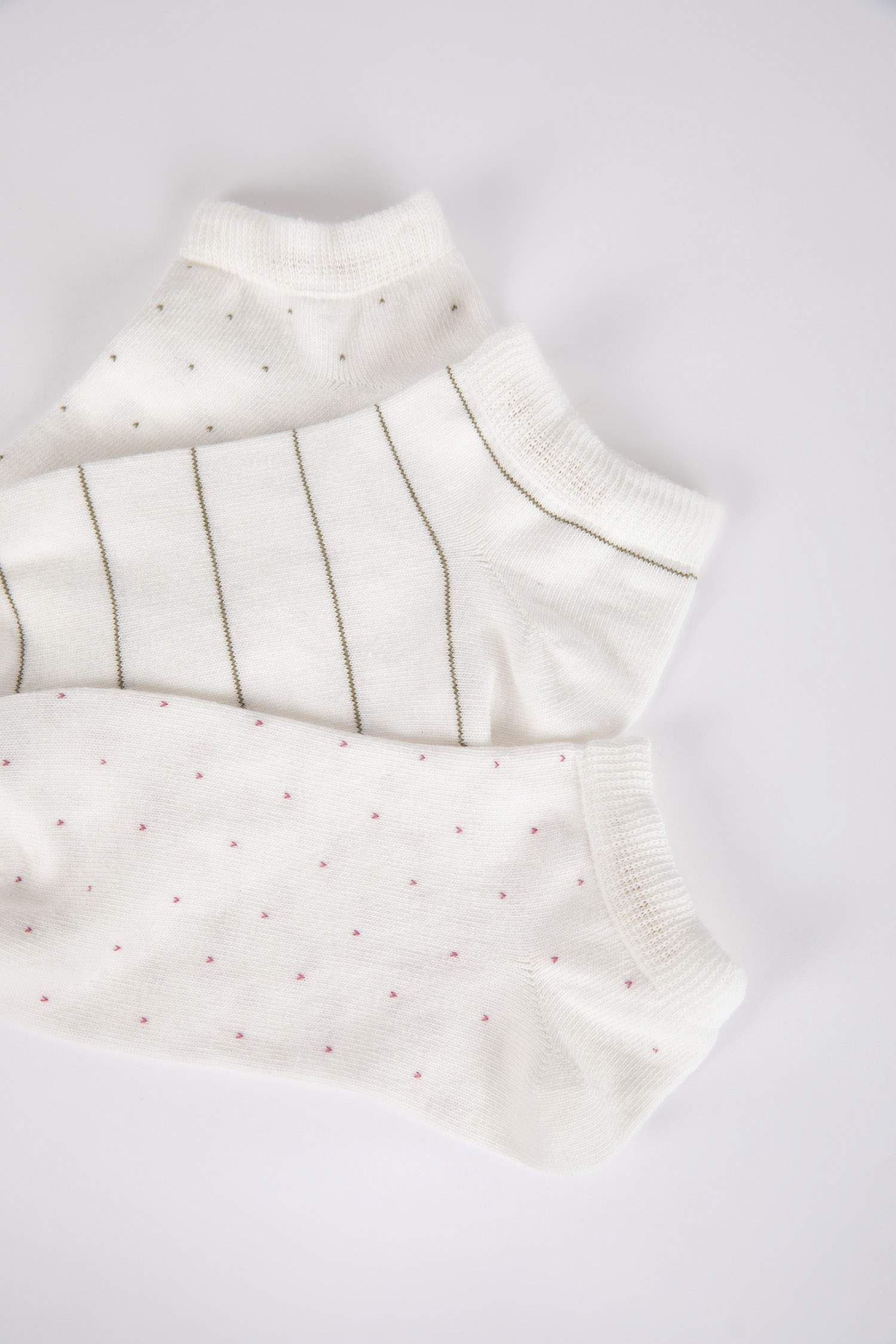 Kadın 3'lü Pamuklu Puantiyeli ve Çizgili Patik Çorap