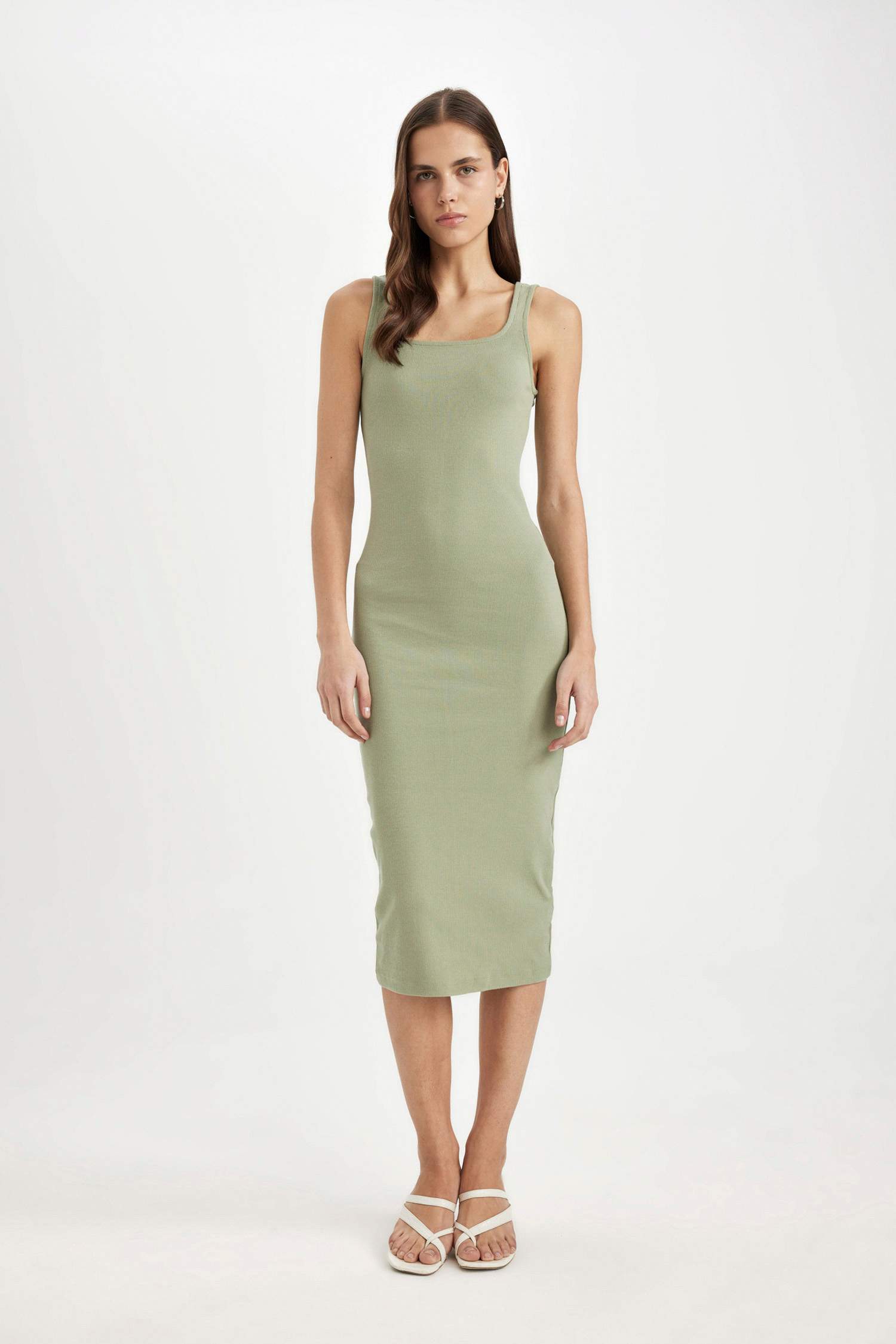 Bodycon Vücuda Oturan Basic Düz Kare Yaka Fitilli Kaşkorse Kolsuz Midi Elbise