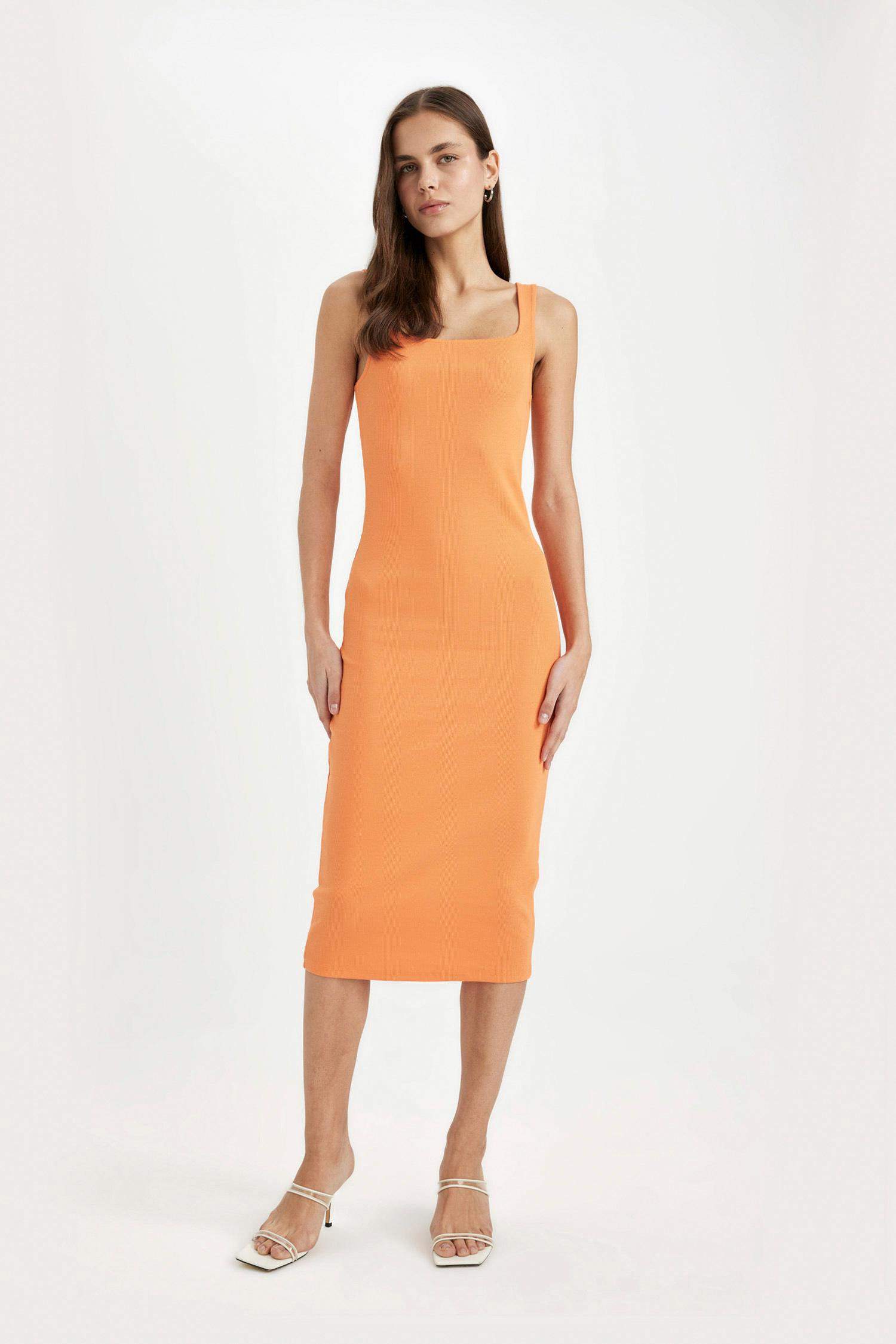 Bodycon Vücuda Oturan Basic Düz Kare Yaka Fitilli Kaşkorse Kolsuz Midi Elbise