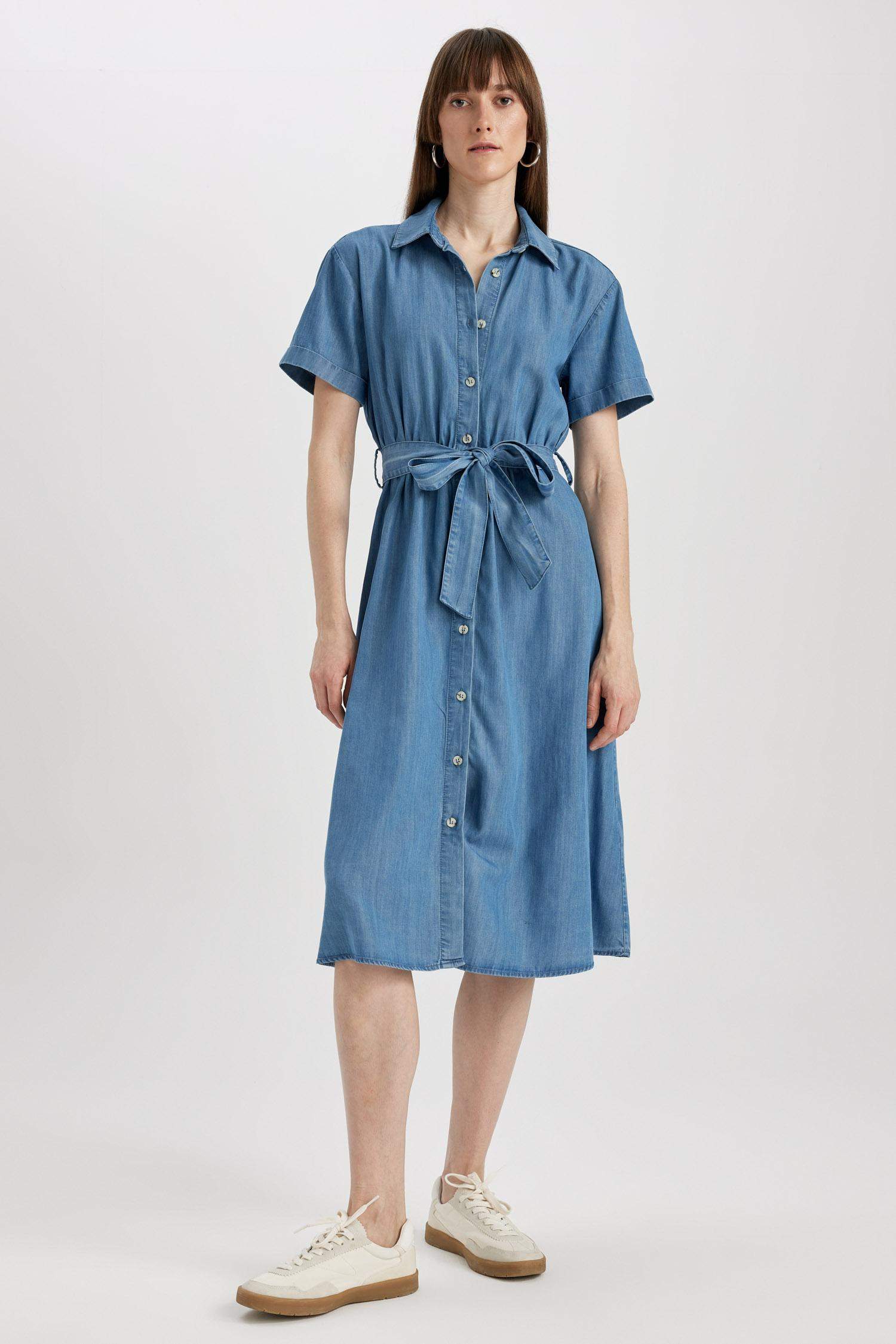 Shirt Collar Belted Midi Jean Dress