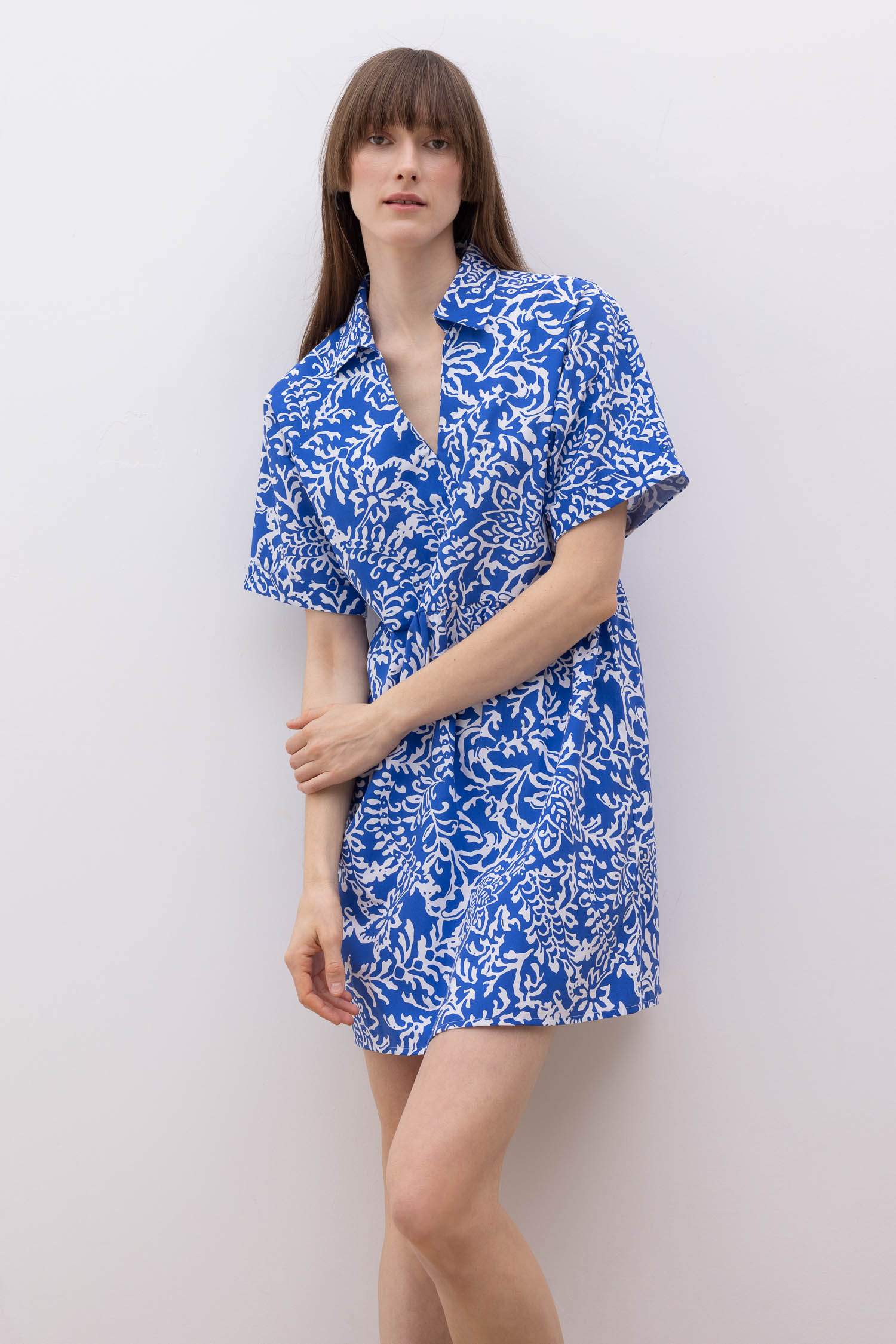 Shirt Collar Floral Terry Cotton Mini Short Sleeve Dress