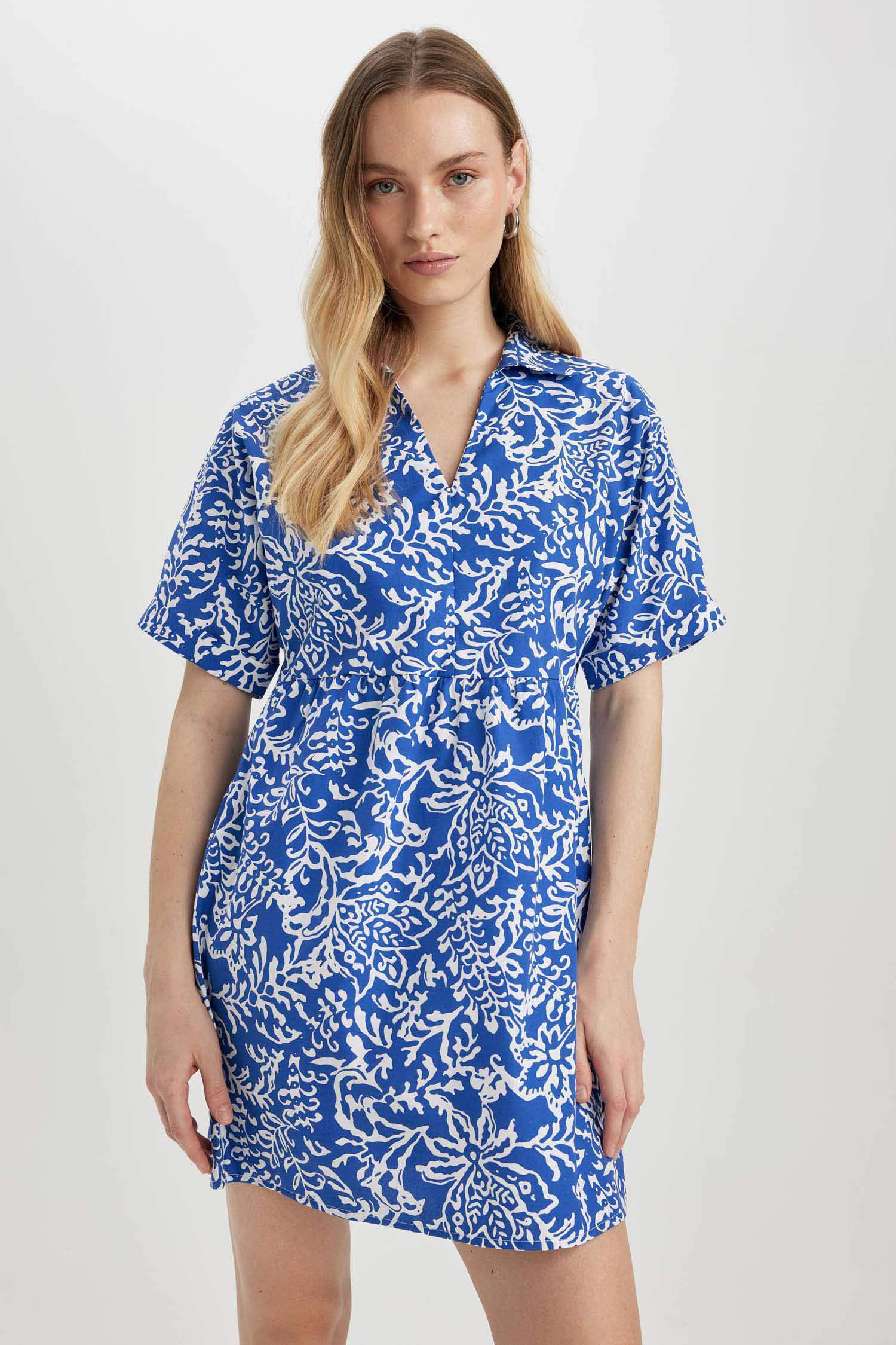 Shirt Collar Floral Terry Cotton Mini Short Sleeve Dress