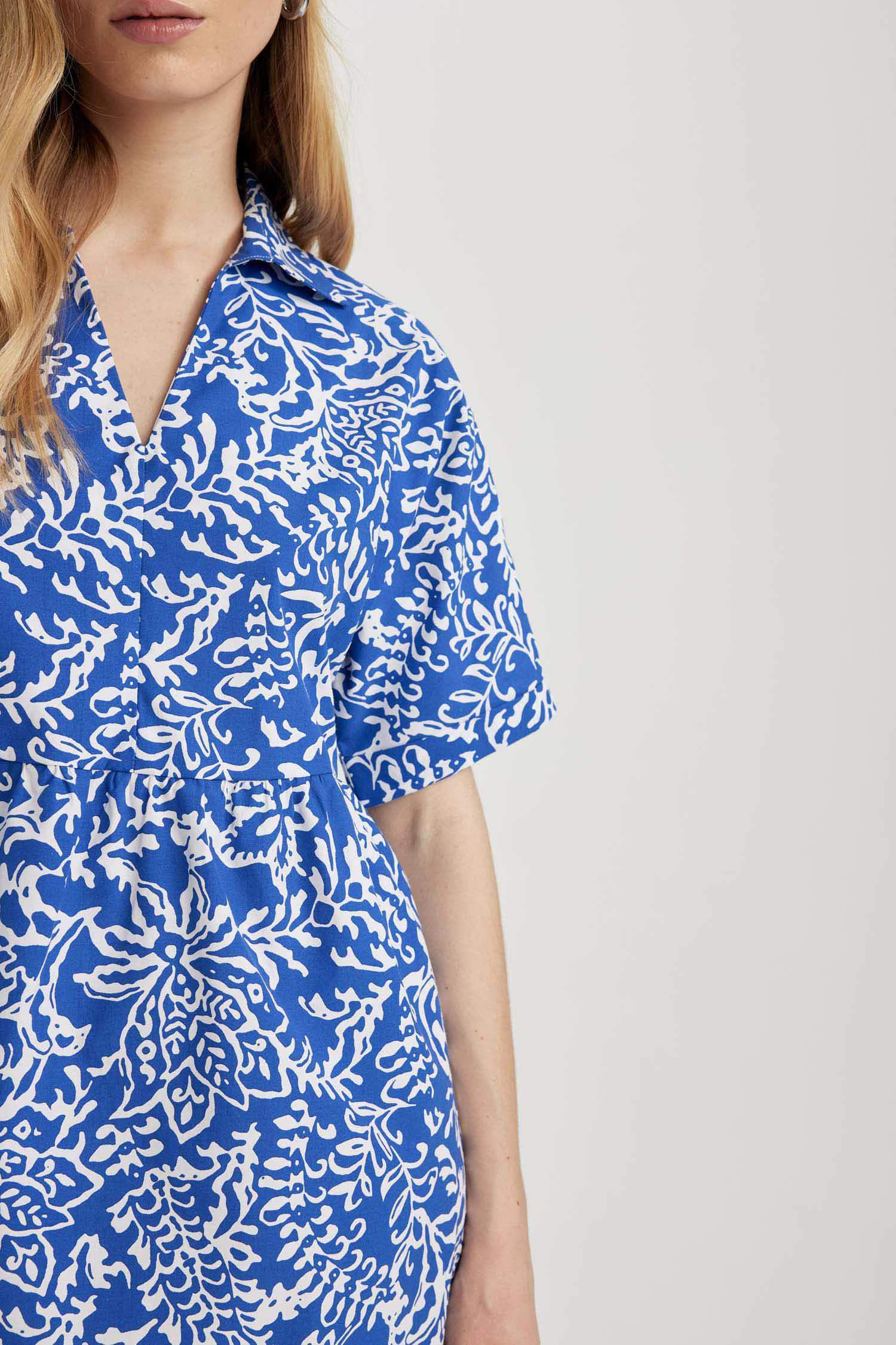 Shirt Collar Floral Terry Cotton Mini Short Sleeve Dress