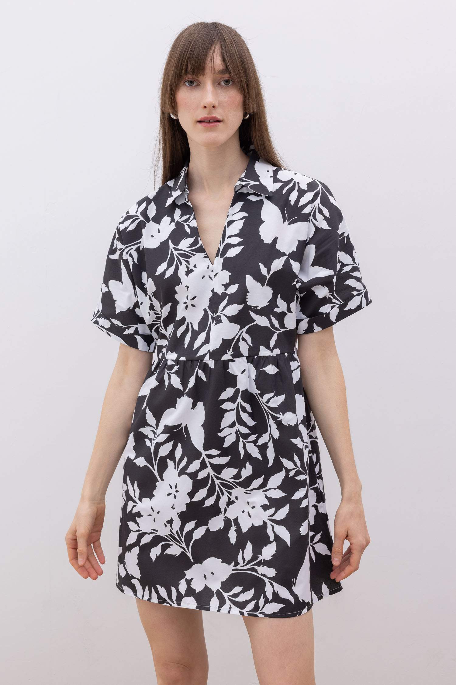 Shirt Collar Patterned Terry Cotton Mini Dress