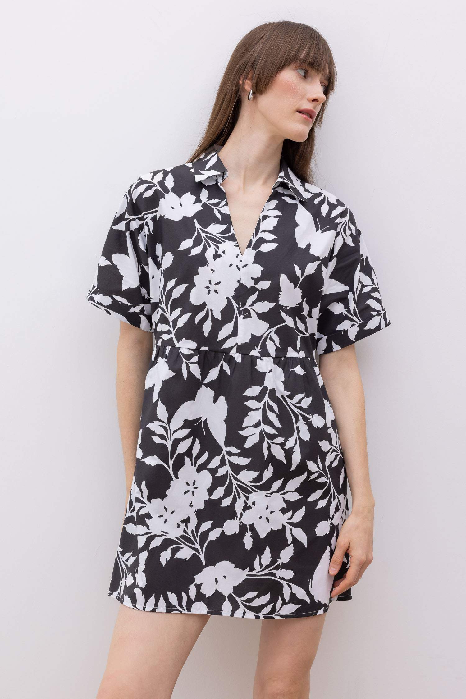 Shirt Collar Patterned Terry Cotton Mini Dress