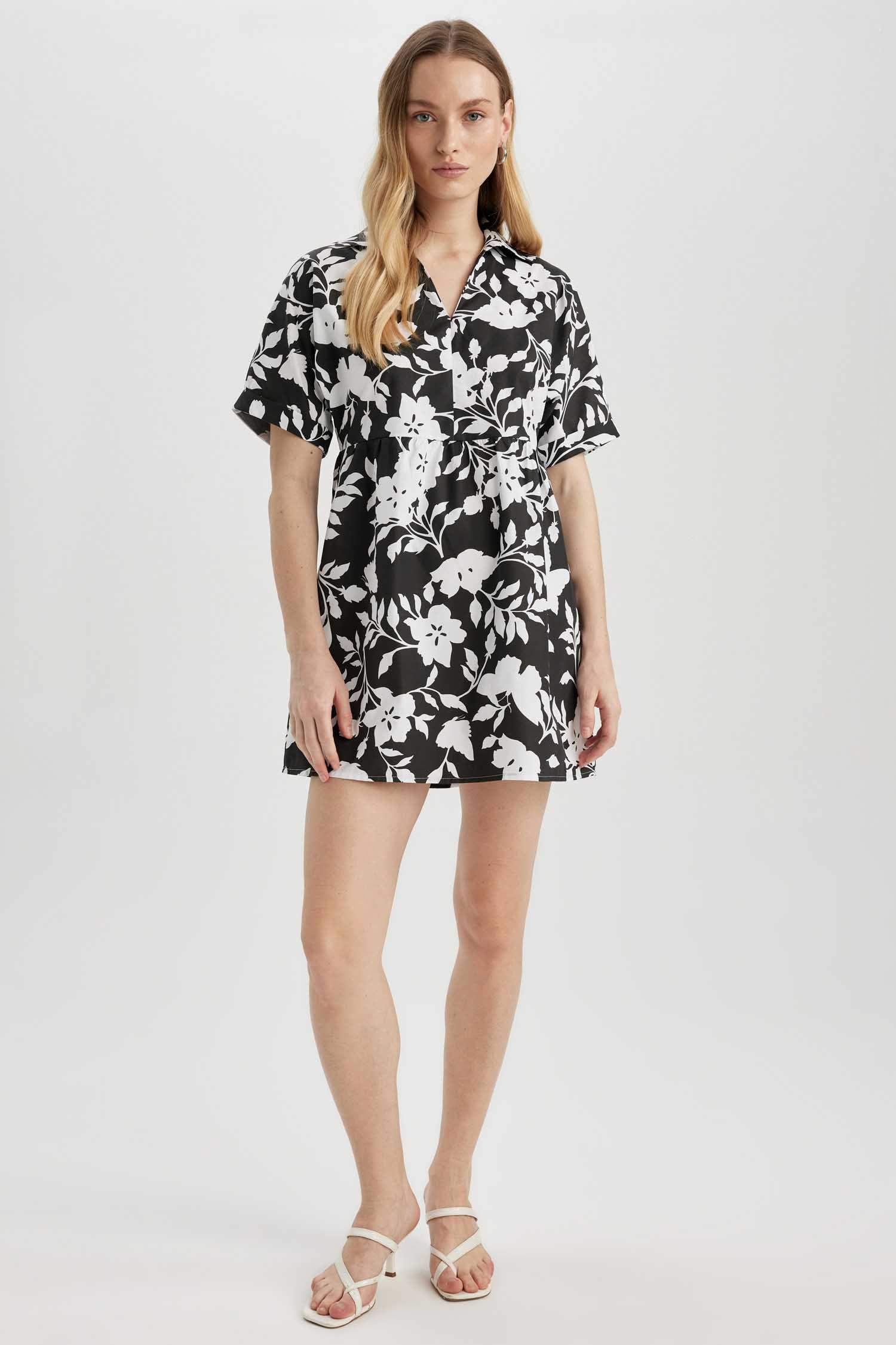 Shirt Collar Patterned Terry Cotton Mini Dress